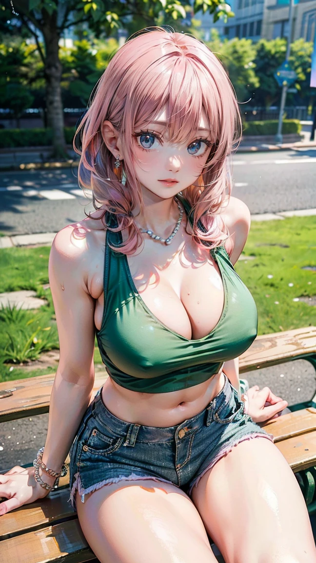 (Masterpiece, BestQuality:1.3), (ultra detailed:1.2), (hyperrealistic:1.3), (RAW photo:1.2), High detail RAW color photo, professional photograph, (Photorealistic:1.4), (realistic:1.4), professional lighting, perfect anatomy, (Big Breasts:1.2), (blush, detailed face), (cheerful Smile:1.5), (Pink Hair:1.5), Trending Hair&Trending Hairカラーをランダムに, earrings, necklace, bracelet, sexly, erotic sexly, Random sexy gravure poses, (Beautiful woman wearing pastel green halter top and denim shorts、Laughing happily in the park、Pearl Anklet、Sitting on bench pose。:1.3)