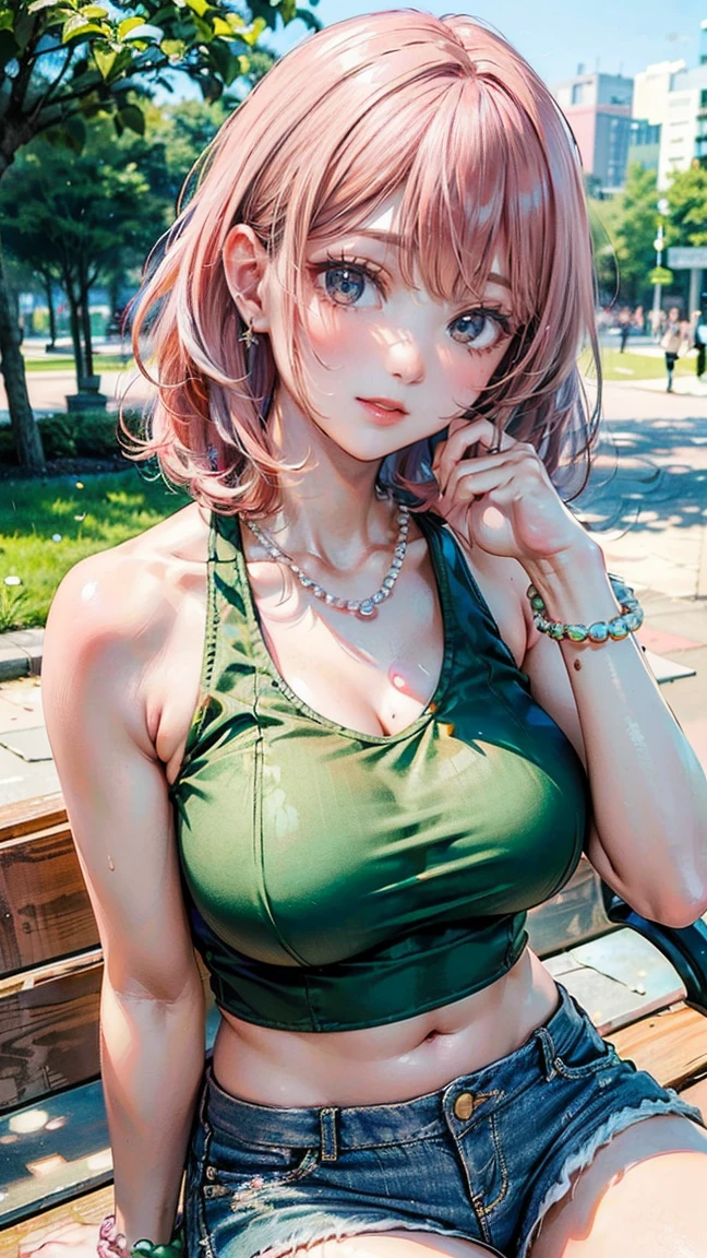 (Masterpiece, BestQuality:1.3), (ultra detailed:1.2), (hyperrealistic:1.3), (RAW photo:1.2), High detail RAW color photo, professional photograph, (Photorealistic:1.4), (realistic:1.4), professional lighting, perfect anatomy, (Big Breasts:1.2), (blush, detailed face), (cheerful Smile:1.5), (Pink Hair:1.5), Trending Hair&Trending Hairカラーをランダムに, earrings, necklace, bracelet, sexly, erotic sexly, Random sexy gravure poses, (Beautiful woman wearing pastel green halter top and denim shorts、Laughing happily in the park、Pearl Anklet、Sitting on bench pose。:1.3)