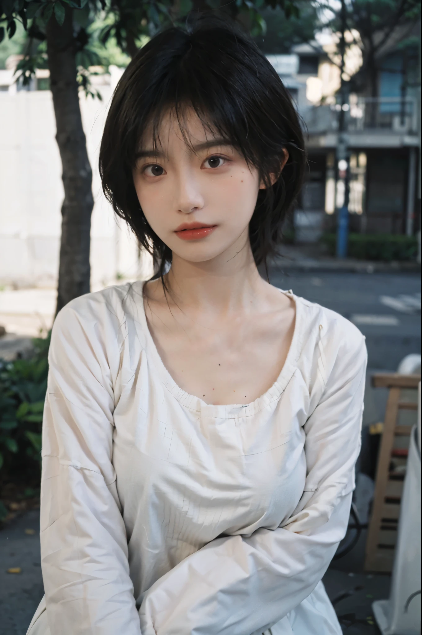 (Skin details:1.4), (smooth skin textures:1.3), Lipstick, background, earrings, Serene, calm, (Realistic and detailed eyes:1.2), (Large Breasts:1.3),Natural skin texture, Realistic facial details, Soft dramatic lighting, Vivid details, 35 mm film, outdoor, (Photo Practical:1.4), (hyper Practical:1.4), (Practical:1.3), (Smoother lighting:1.05), (Improve lighting quality:0.9), (Highest quality real skin textures:1.4), Exquisite eyes, Delicate face, Close-up of face, (Enhance the beauty of skin texture:1.1), Hair details, Model,normal body ratio, short hair, Moles under the eyes, Park background,Portrait Photography, Depth of Field, bokeh, Surrealism, Ray Tracing, (Portrait Photography:1.1), Surrealism, High Detail, clair obscur, Ray Tracing, reflected light, ultra HD, ultra HD, masterpiece, Textured Skin, Super Detail, High Detail, high quality, best quality