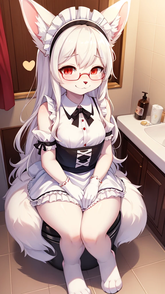 best quality,Optimal resolution,(Fluffy anthropomorphic furry :1.6),(young :1.6),White Rabbit Girl,Small Breasts,White hair,Long hair,curls,Curly hair,White rabbit ears,White rabbit tail,White fur,Red Eyes,Sparkling eyes,Shining eyes,Glasses,Bow,maid outfit,Maid headdress,Maid gloves,Beautiful cafe toilet,White light,Full flush,s face,Smile,heart shape eye,Heart shaped eyes,Horny eyes,Close your eyes,Heavy breathing,Sitting on the toilet,Sit-on toilet