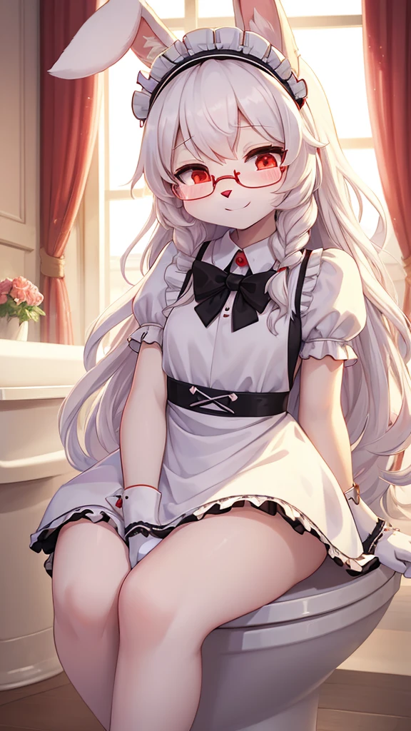 best quality,Optimal resolution,(Fluffy anthropomorphic furry :1.6),(young :1.6),White Rabbit Girl,Small Breasts,White hair,Long hair,curls,Curly hair,White rabbit ears,White rabbit tail,White fur,Red Eyes,Sparkling eyes,Shining eyes,Glasses,Bow,maid outfit,Maid headdress,Maid gloves,Beautiful cafe toilet,White light,Full flush,s face,Smile,heart shape eye,Heart shaped eyes,Horny eyes,Close your eyes,Heavy breathing,Sitting on the toilet,Sit-on toilet