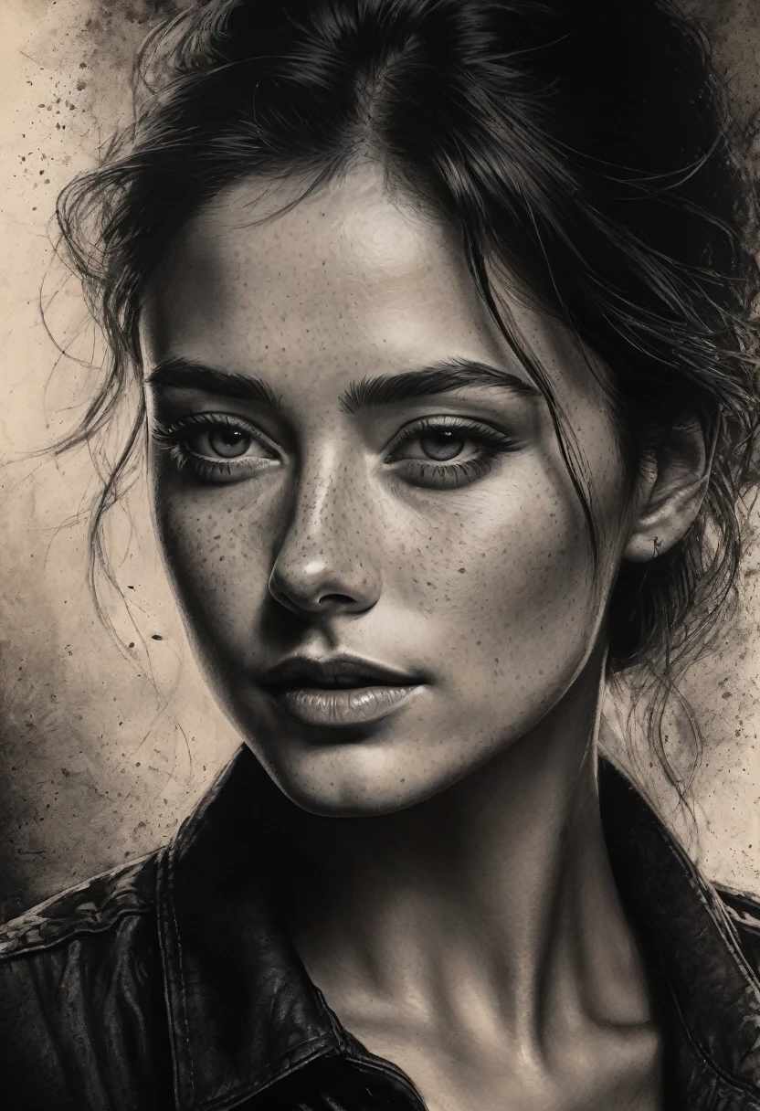 best qualityer, hyper realistic, ultra detali,realistic sketch:1.5,coal,portraite,paper texture,detailed facial features, freckles on the face, Shading and Highlights,dynamic composition,expressive traits,sharp contrast,highlights and shadows,black andwhite,Emotion and expression,Exquisite details,subtle textures,hand drawn,precise lines,fine arts,alto sharp contraste,dramatic lighting,qualified craftsmanship,aesthetic appeal,Polished finish,professionally executed
