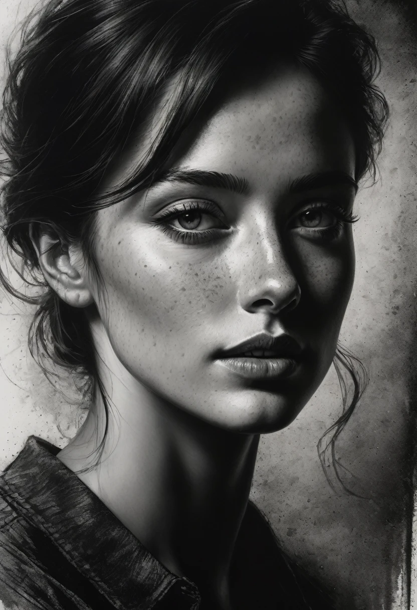best qualityer, hyper realistic, ultra detali,realistic sketch:1.5,coal,portraite,paper texture,detailed facial features, freckles on the face, Shading and Highlights,dynamic composition,expressive traits,sharp contrast,highlights and shadows,black andwhite,Emotion and expression,Exquisite details,subtle textures,hand drawn,precise lines,fine arts,alto sharp contraste,dramatic lighting,qualified craftsmanship,aesthetic appeal,Polished finish,professionally executed