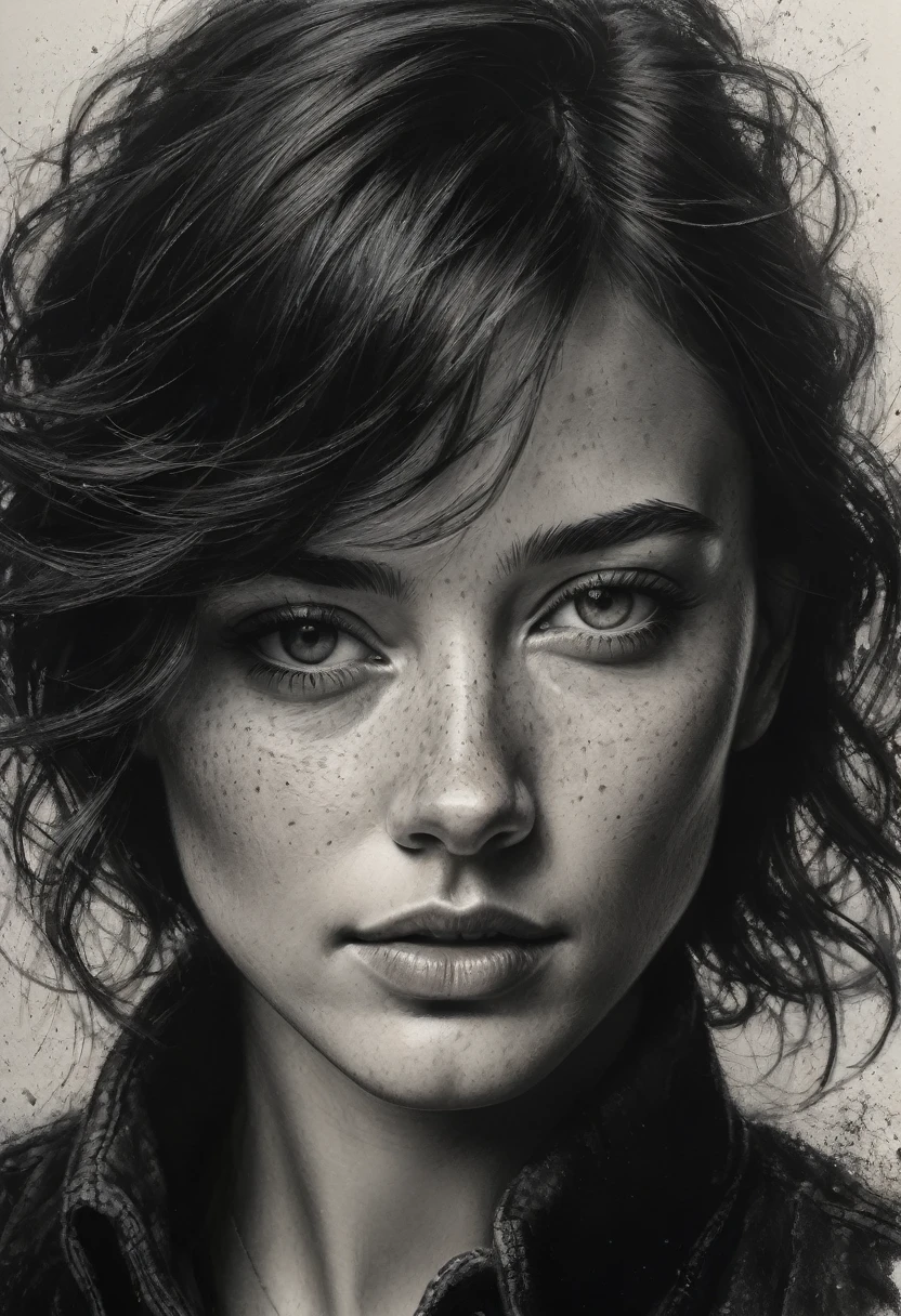 best qualityer, hyper realistic, ultra detali,realistic sketch:1.5,coal,portraite,paper texture,detailed facial features, freckles on the face, Shading and Highlights,dynamic composition,expressive traits,sharp contrast,highlights and shadows,black andwhite,Emotion and expression,Exquisite details,subtle textures,hand drawn,precise lines,fine arts,alto sharp contraste,dramatic lighting,qualified craftsmanship,aesthetic appeal,Polished finish,professionally executed
