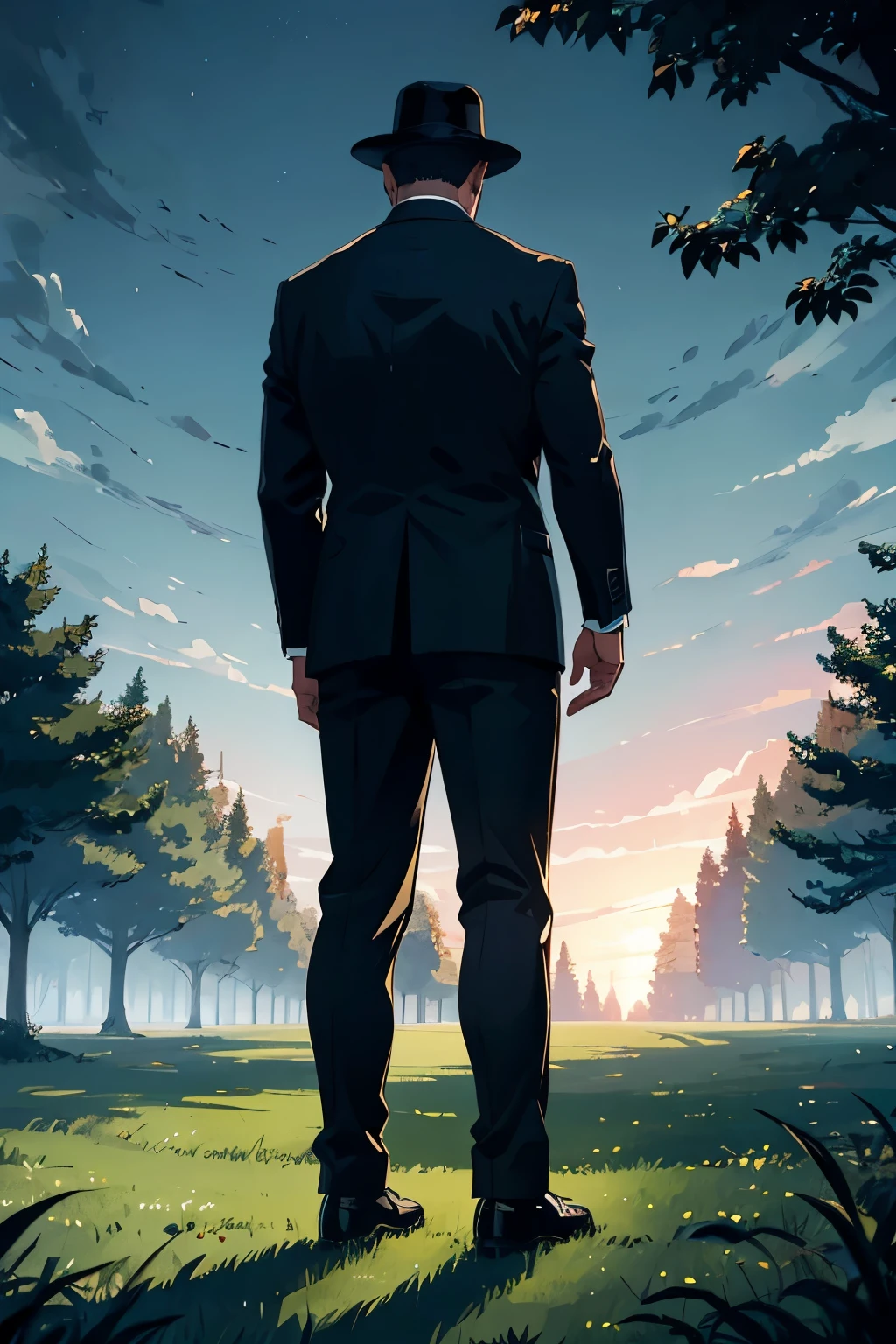 A gentlemanly middle-aged man standing on the grass for 30 yearuscular、Angle from the rear、In a suit、Dark and mysterious atmosphere at night、From the feet to the whole body、