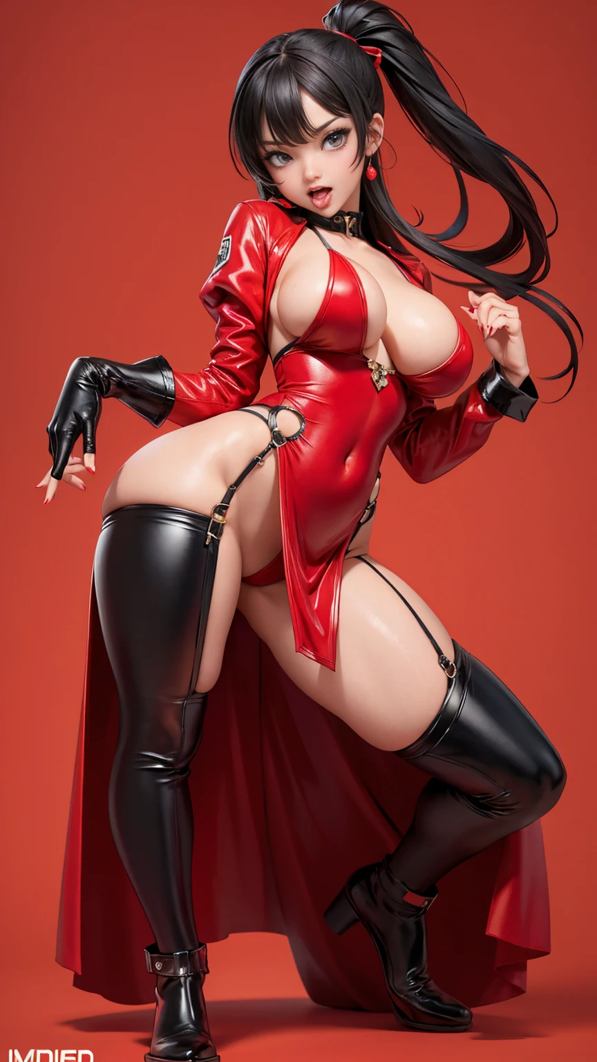 ((full_body))、Woman、red_background、big_breasts、Detailed、tops、POP、vivid、pose、out_tongue、underboob