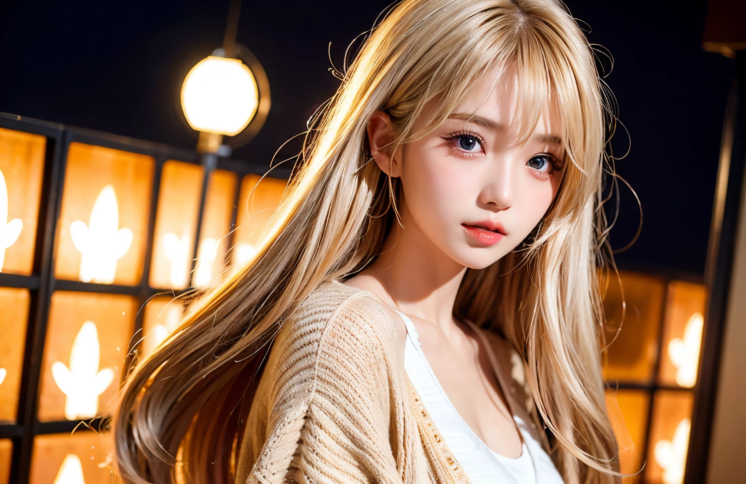 One Japanese woman、Medium hair, Side Tail、Light blonde、favorite , Beautiful, shining eyes, Stars in my eyes,Crystal clear eyes、Natural color lip、garden、18-year-old、8K、Highest quality、flat chest、Like reality、Realistic、Afterschool、Cardigan tied around waist