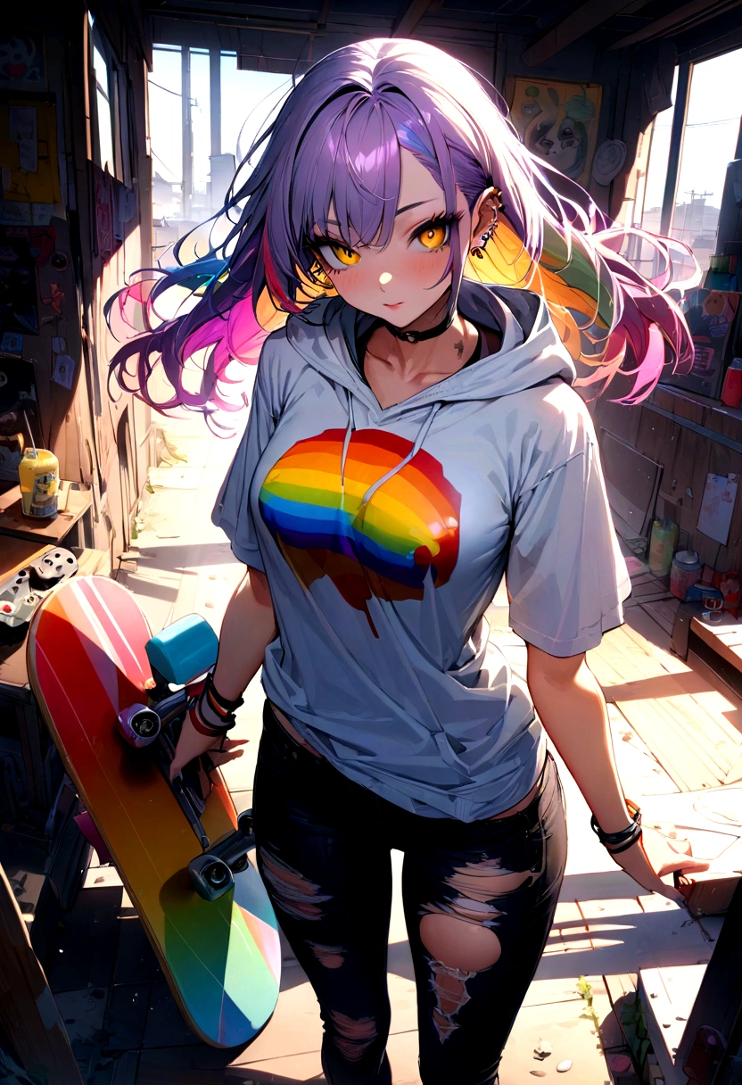The most beautiful and sexy skateboard girl, rainbow colored hair, yellow eyes, wearing hoodie, graphic t-shirt, torn skinny jeans and highly detailed skateboard gear, tons of tattoos and piercings, highly detailed background, perfect masterpiece, high quality, high resolution