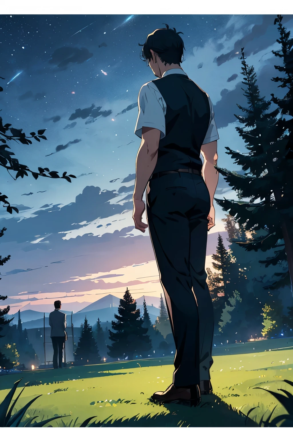 A gentlemanly middle-aged man standing on the grass for 30 years、Angle from the rear、White T-shirt and tie、Dark and mysterious atmosphere at night、From the feet to the whole body、