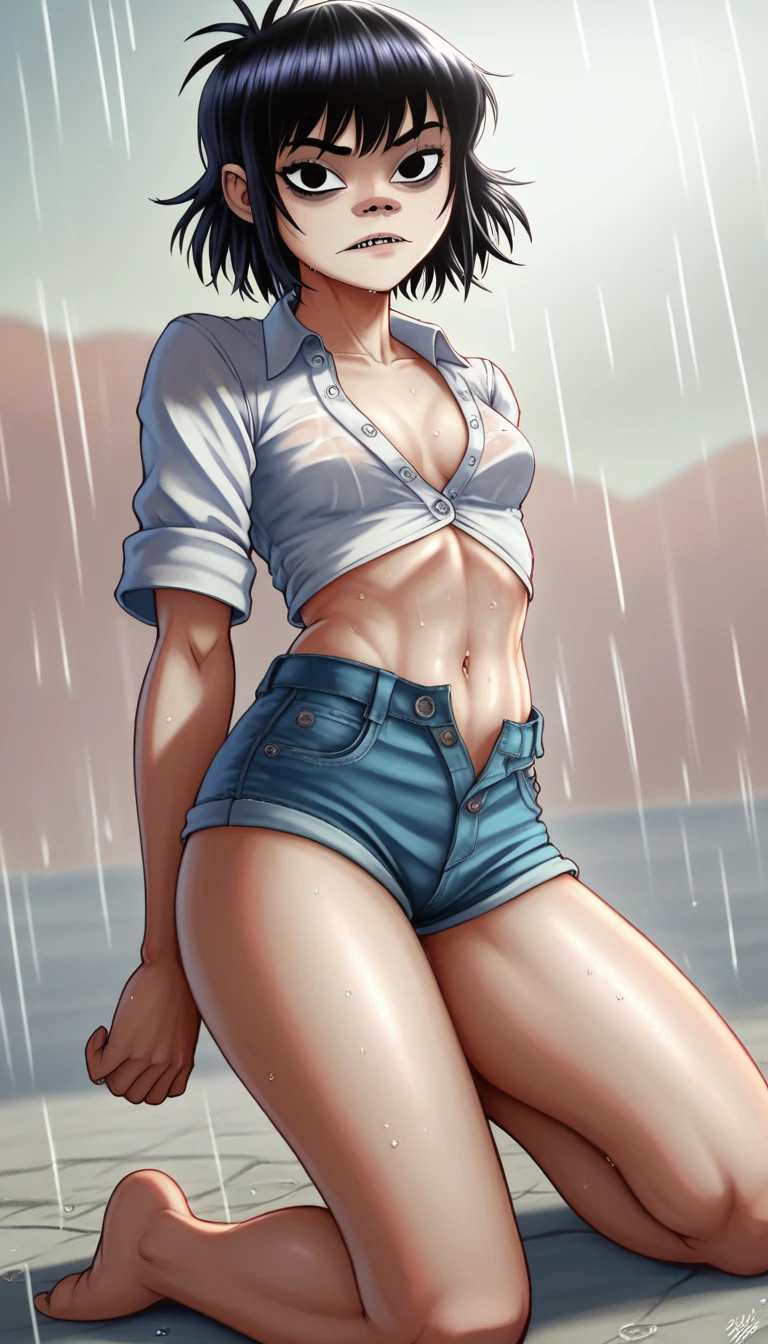 (masterpiece, best quality:1.2), noodle (gorillaz), full-body shot ,black hair, 1girl, streaked hair, black eyes, multicolored hair, bangs, parted lips, breasts, small breasts, bob cut, White background, ((white unbuttoned crop-top, unbuttoned short shorts, barefoot)), masterpiece, best quality, absurdres, highres, 4k, ray tracing, perfect face, perfect eyes, intricate details, highly detailed, (best quality:1.33), (masterpiece:1.42),(semi realistic:1.3), (detailed:1.15),(skin details), Dappled Light, analog style (look at viewer), (skin texture), (realistic texture skin), cinematic light, side lighting, ultra high res, best shadow, RAW, (Dutch angle:1.1), lightroom, cinematic, hdr, raw, (intricate:1.4), high quality, soothing tones, intricate details, low contrast, extremely high quality RAW photograph, detailed background, intricate, Exquisite details and textures, highly detailed, ultra detailed photograph, warm lighting, 4k, sharp focus, high resolution, detailed skin, detailed eyes, 8k uhd, dslr, high quality, film grain, Fujifilm XT3,
Rainy Day: The diffused light and wet surfaces on a rainy day can create a moody and atmospheric environment, perfect for capturing reflections and street photography.,