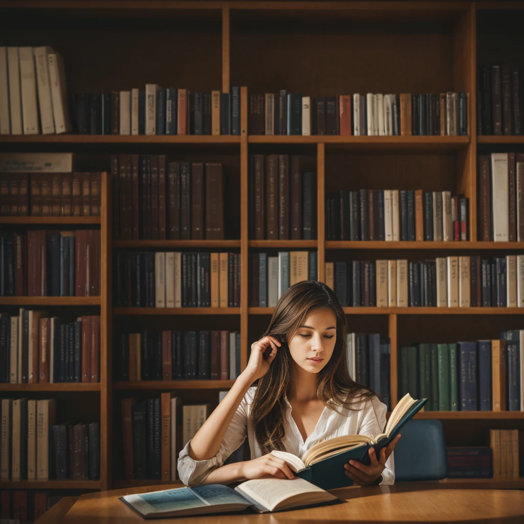 arafed girl reading a book in a library with bookshelves, reading in the library, inspirado em magali villeneuve, realistic painting of beautiful girl, style of charlie bowater, in style of charlie bowater, no art style by bowater, reading a book, in a library, magali villeneuve&#39;, library background, book portrait, reading new book