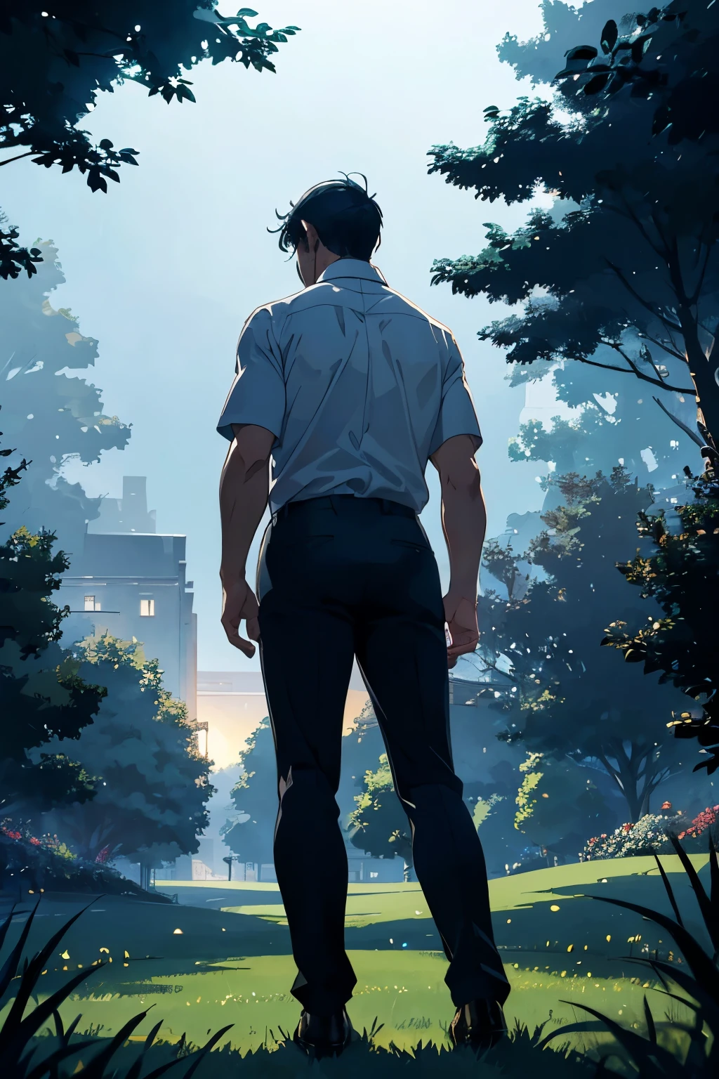 A gentlemanly middle-aged man standing on the grass for 30 years、Angle from the rear、White T-shirt and tie、Dark and mysterious atmosphere at night、From the feet to the whole body、