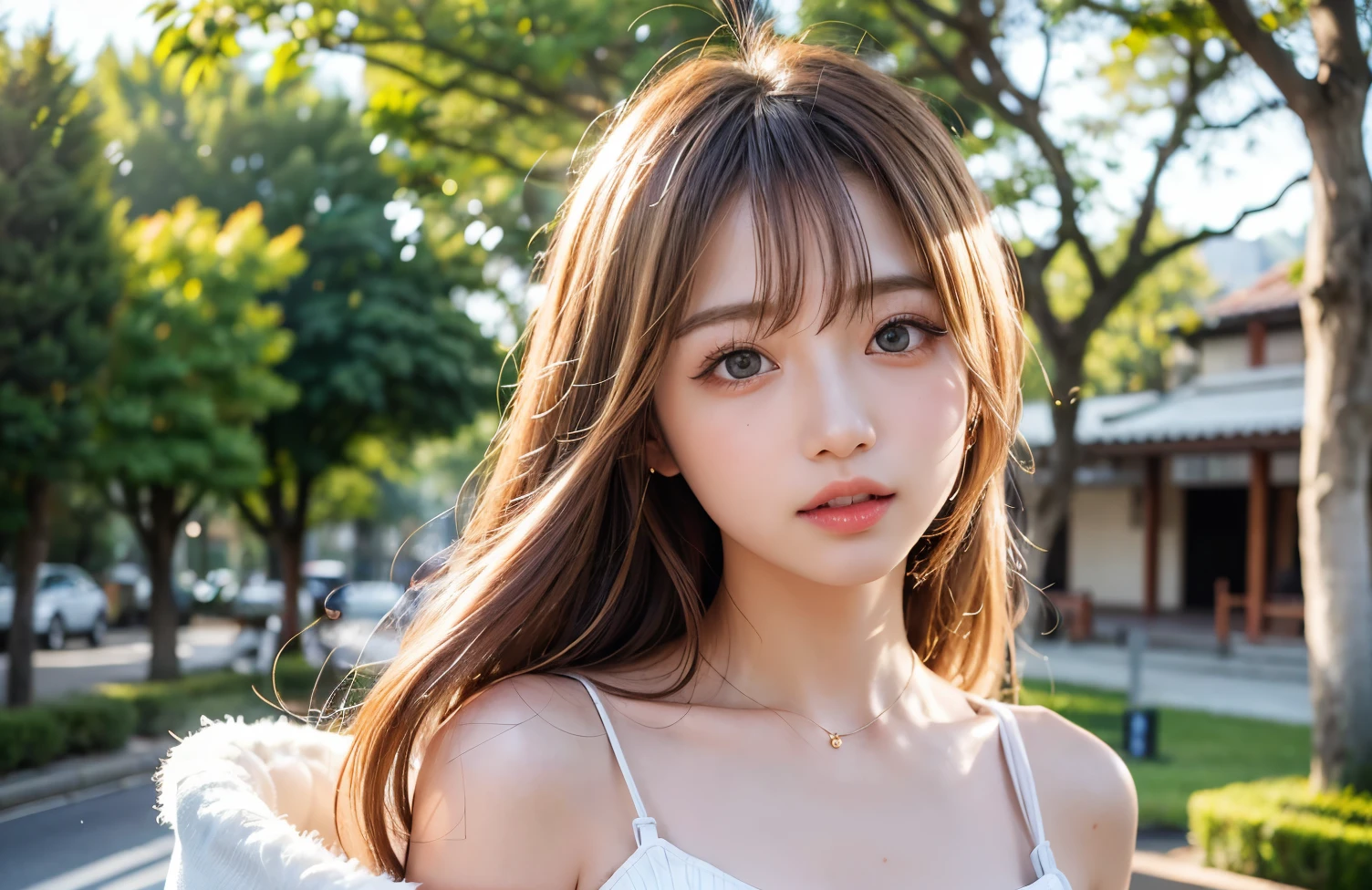 One Japanese woman、Medium hair, Side Tail、Light blonde、favorite , Beautiful, shining eyes, Stars in my eyes,Crystal clear eyes、Natural color lip、Street Snap、18-year-old、8K、Highest quality、flat chest、Like reality、Realistic、アフタースクール、カーディガンを腰に巻いている