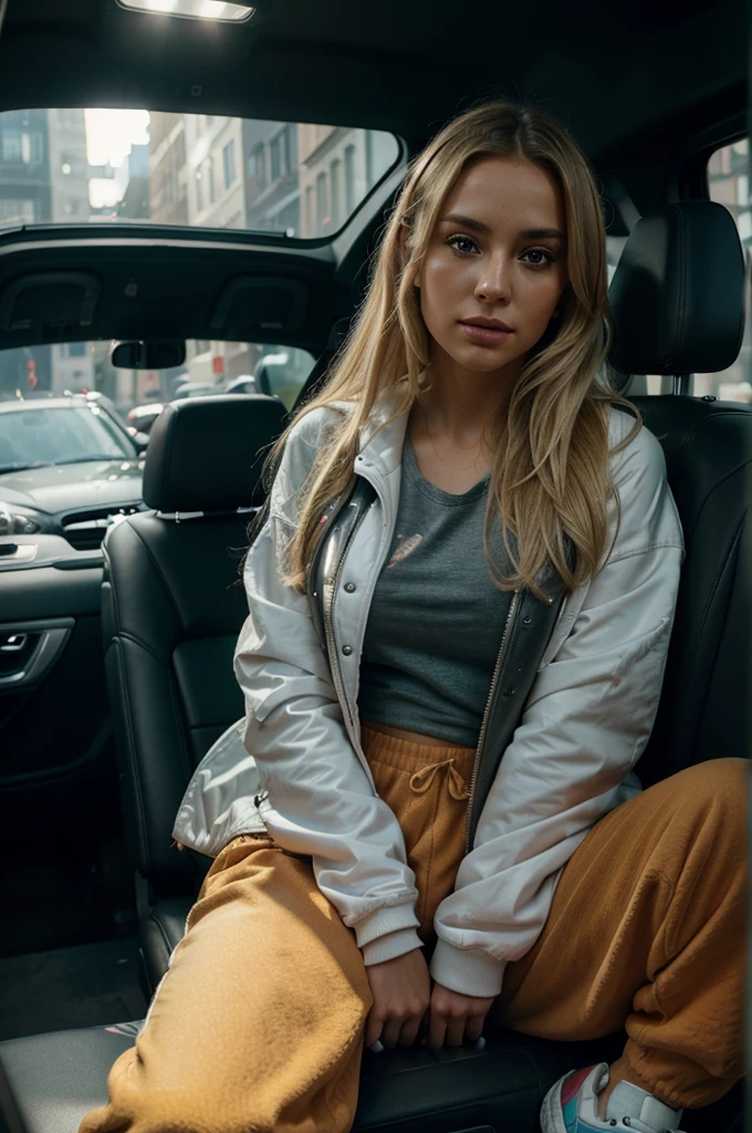 blonde woman sitting on a car backseat, wearing puffy jacket and sweatpants with sneakers, detailed portrait, realistic, cinematic lighting, warm color tones, (best quality,4k,8k,highres,masterpiece:1.2),ultra-detailed,(realistic,photorealistic,photo-realistic:1.37),HDR,UHD,studio lighting,ultra-fine painting,sharp focus,physically-based rendering,extreme detail description,professional,vivid colors,bokeh,portrait