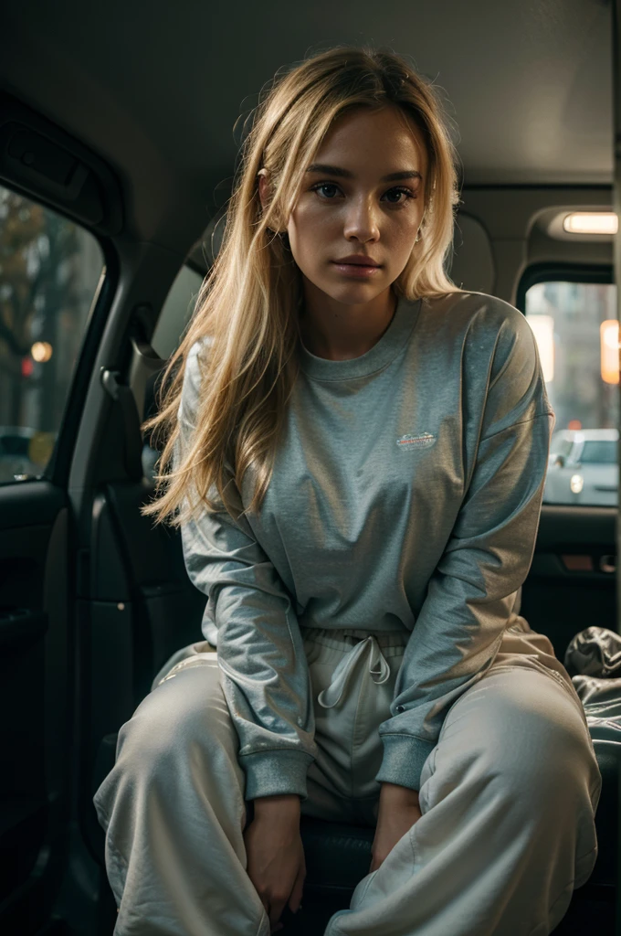 blonde woman sitting on a car backseat, wearing puffy jacket and sweatpants with sneakers, detailed portrait, realistic, cinematic lighting, warm color tones, (best quality,4k,8k,highres,masterpiece:1.2),ultra-detailed,(realistic,photorealistic,photo-realistic:1.37),HDR,UHD,studio lighting,ultra-fine painting,sharp focus,physically-based rendering,extreme detail description,professional,vivid colors,bokeh,portrait