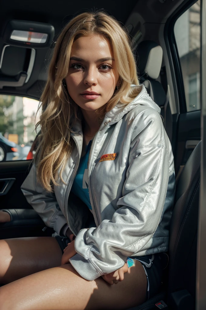 blonde woman sitting on a car backseat, wearing puffy jacket and sweatpants with sneakers, detailed portrait, realistic, cinematic lighting, warm color tones, (best quality,4k,8k,highres,masterpiece:1.2),ultra-detailed,(realistic,photorealistic,photo-realistic:1.37),HDR,UHD,studio lighting,ultra-fine painting,sharp focus,physically-based rendering,extreme detail description,professional,vivid colors,bokeh,portrait