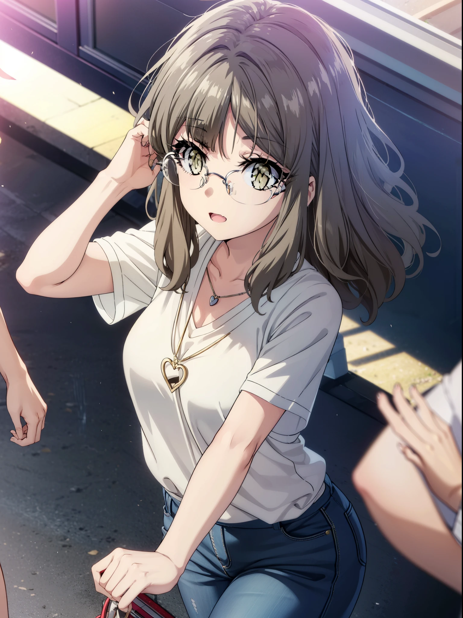 Riofutaba, Rio Futaba, Long Hair, Brown Hair, (Brown eyes:1.5), Glasses,Big Breasts,smile,Open your mouth,Red Tank Top,Heart Necklace,Short sleeve,skinny pants,Stiletto heels,Business Back,Walking,morning,morning陽,The sun is rising,whole bodyがイラストに入るように,
break outdoors, Building district,
break looking at viewer, whole body,
break (masterpiece:1.2), Highest quality, High resolution, unity 8k wallpaper, (figure:0.8), (Beautiful attention to detail:1.6), Highly detailed face, Perfect lighting, Highly detailed CG, (Perfect hands, Perfect Anatomy),