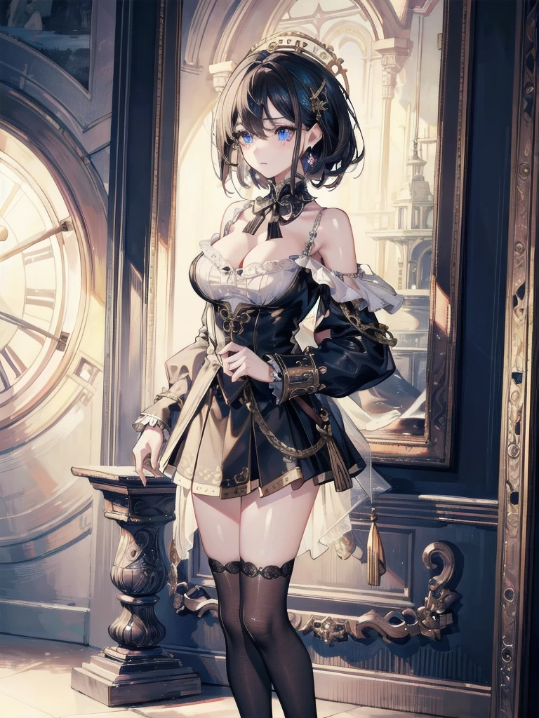 absurdres, RAW photo, extremely delicate and beautiful, masterpiece, Best Quality, ultra high resolution, 32k, hyperrealistic, ultra-detailed, delicate facial features, beautiful detailed woman, tearful mole, earring, medium breasts, full body shot, medium hair, black hair, steampunk fashion, blouse, short skirt, off shoulder,