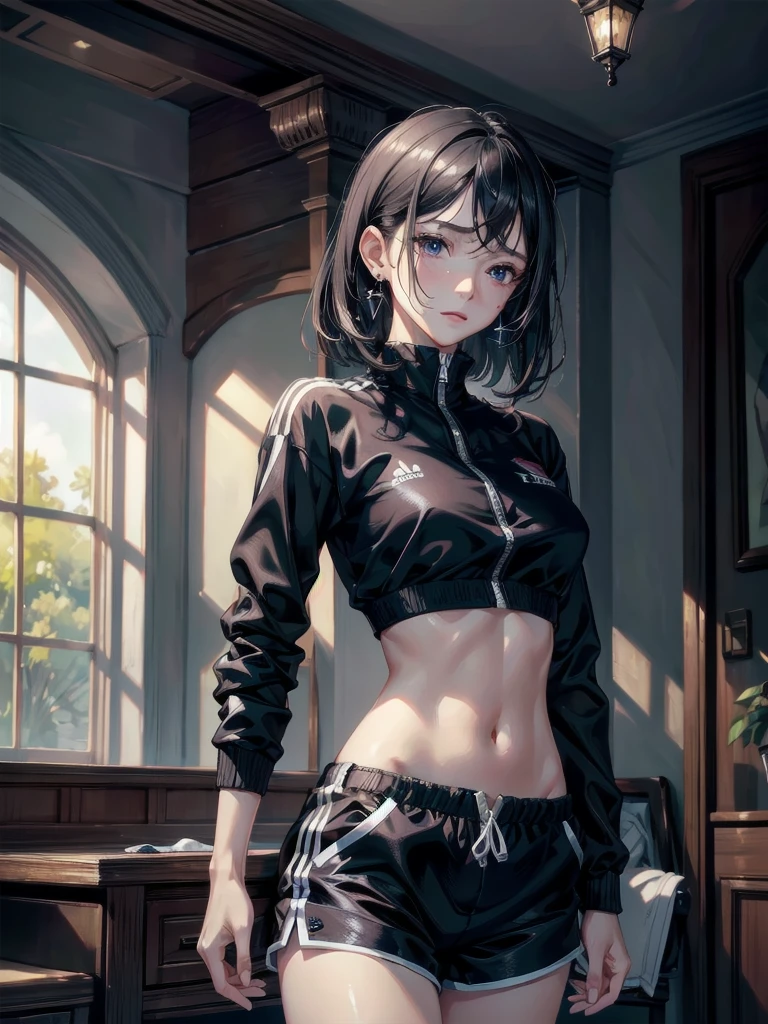 absurdres, RAW photo, extremely delicate and beautiful, masterpiece, Best Quality, ultra high resolution, 32k, hyperrealistic, ultra-detailed, delicate facial features, beautiful detailed woman, tearful mole, earring, medium breasts, full body shot, medium hair, black hair, tracksuit, shorts, midriff,