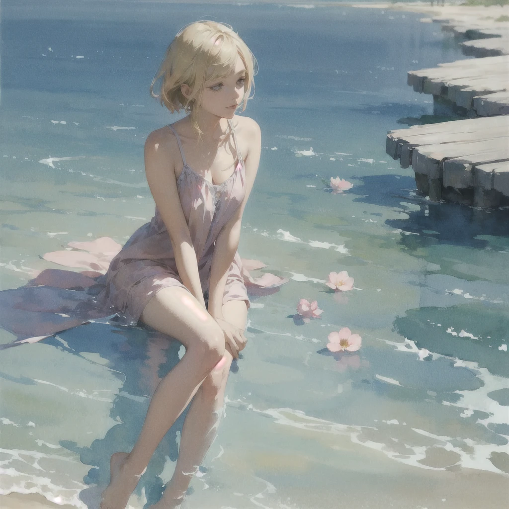 Tranquil voyager girl, in watercolor style, Photorealism, discreet pink and mint shades, barefoot, blonde hair, very beautiful exquisite face