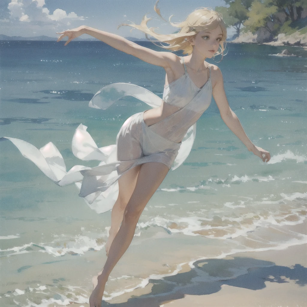 Tranquil voyager girl, in watercolor style, Photorealism, discreet pink and mint shades, barefoot, blonde hair, very beautiful exquisite face