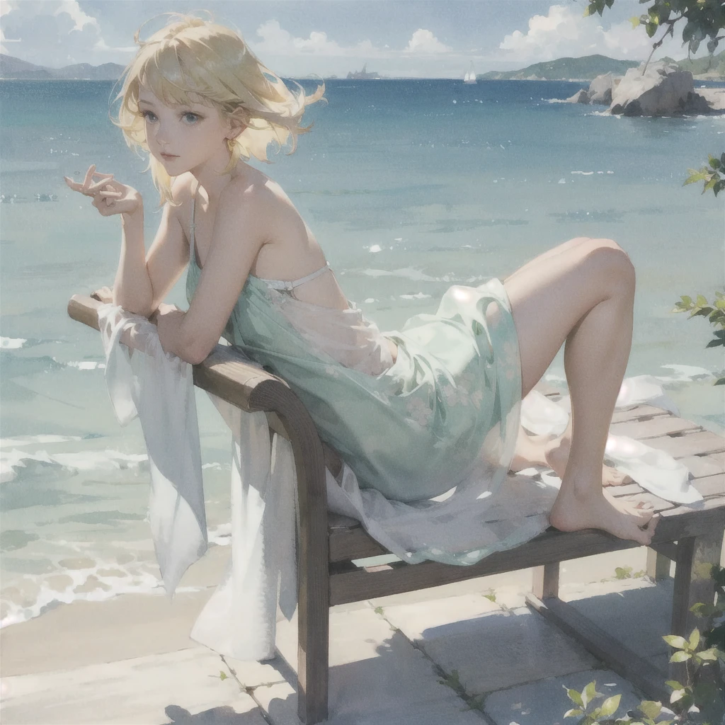 Tranquil voyager girl, in watercolor style, Photorealism, discreet pink and mint shades, barefoot, blonde hair, very beautiful exquisite face