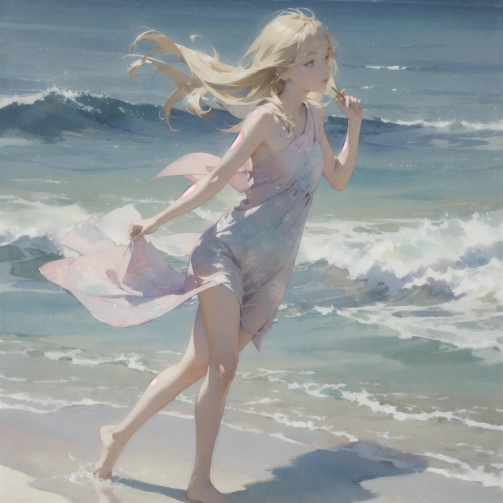 Tranquil voyager girl, in watercolor style, Photorealism, discreet pink and mint shades, barefoot, blonde hair, very beautiful exquisite face