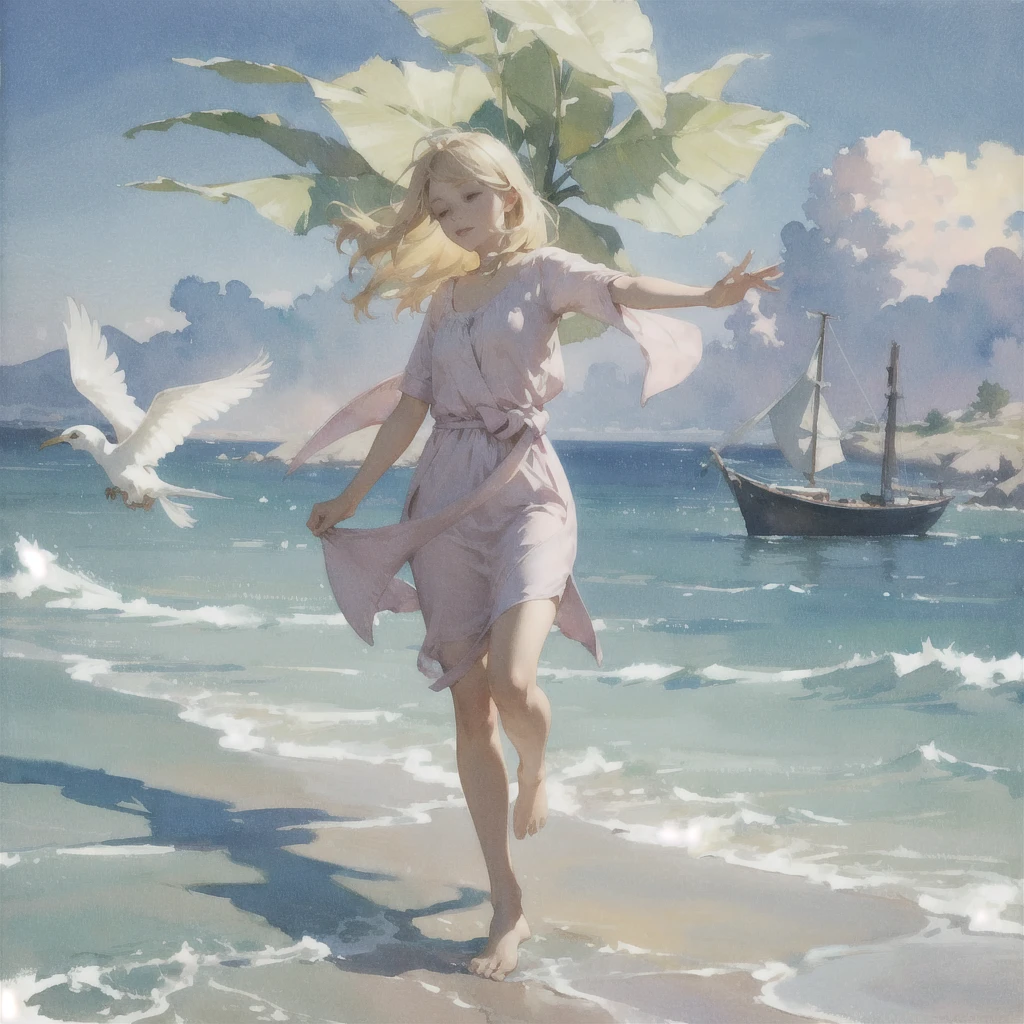 Tranquil voyager girl, in watercolor style, Photorealism, discreet pink and mint shades, barefoot, blonde hair, very beautiful exquisite face