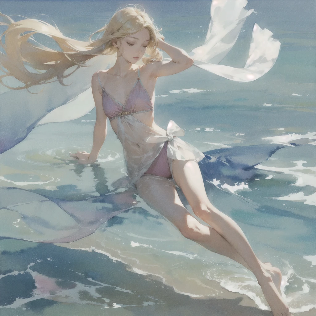 Tranquil voyager girl, in watercolor style, Photorealism, discreet pink and mint shades, barefoot, blonde hair, very beautiful exquisite face