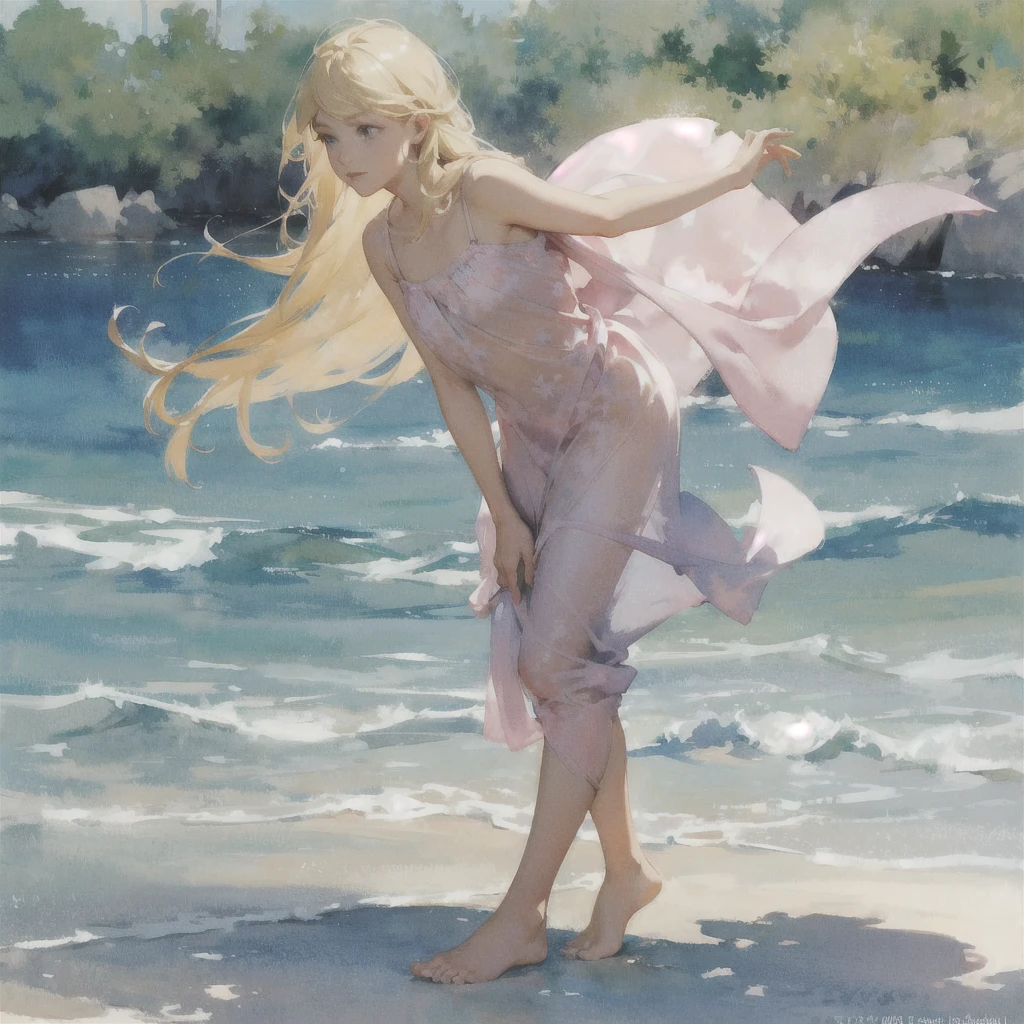 Tranquil voyager girl, in watercolor style, Photorealism, discreet pink and mint shades, barefoot, blonde hair, very beautiful exquisite face