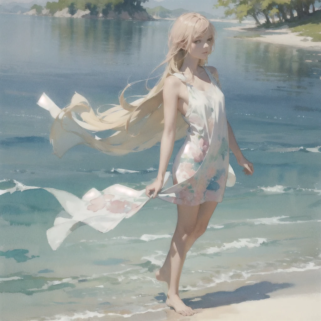 An exquisite slender girl of  with a perfect face with blond hair in the rays of the rising sun, naked with tender breasts with pink nipples, barefoot on the veranda in the garden, drinking coffee and looking at the flowers, in watercolor style, Discreet shades, Flares, imitation of film photography, against the sun, a lot of sun glare, light fills the frame