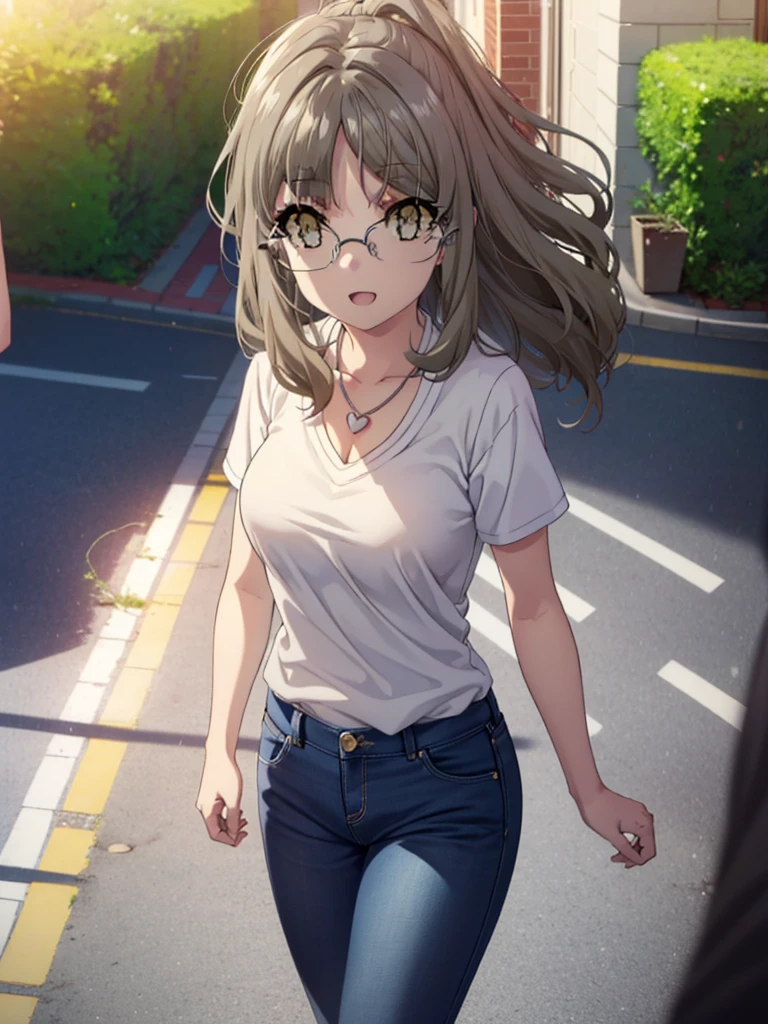 Riofutaba, Rio Futaba, Long Hair, Brown Hair, (Brown eyes:1.5), Glasses,Big Breasts,smile,Open your mouth,Red Tank Top,Heart Necklace,Short sleeve,skinny pants,Stiletto heels,Business Back,Walking,morning,morning陽,The sun is rising,whole bodyがイラストに入るように,
break outdoors, Building district,
break looking at viewer, whole body,
break (masterpiece:1.2), Highest quality, High resolution, unity 8k wallpaper, (figure:0.8), (Beautiful attention to detail:1.6), Highly detailed face, Perfect lighting, Highly detailed CG, (Perfect hands, Perfect Anatomy),