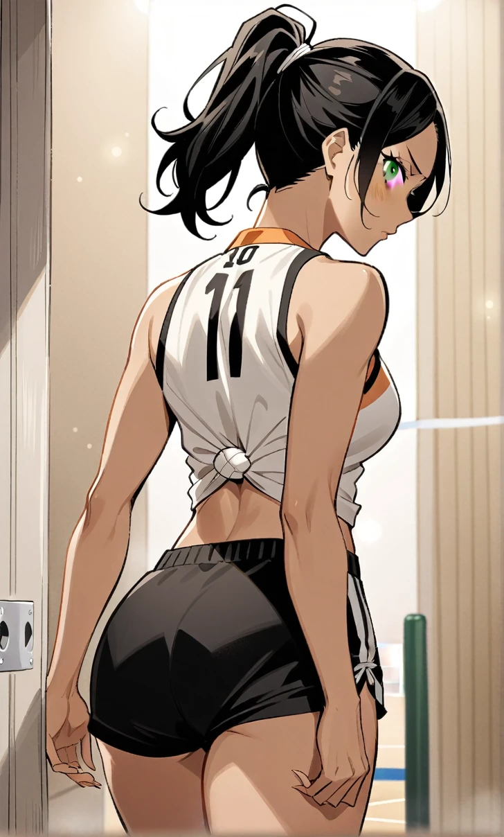 Woman, Athletic and toned body, light skin tone, long black hair tied in a ponytail, green eyes with a penetrating and seductive look, breasts big, exciting look, Beachwear, blushed face, haikyuu, comic style, [single image], In the background there is a volleyball court at night
