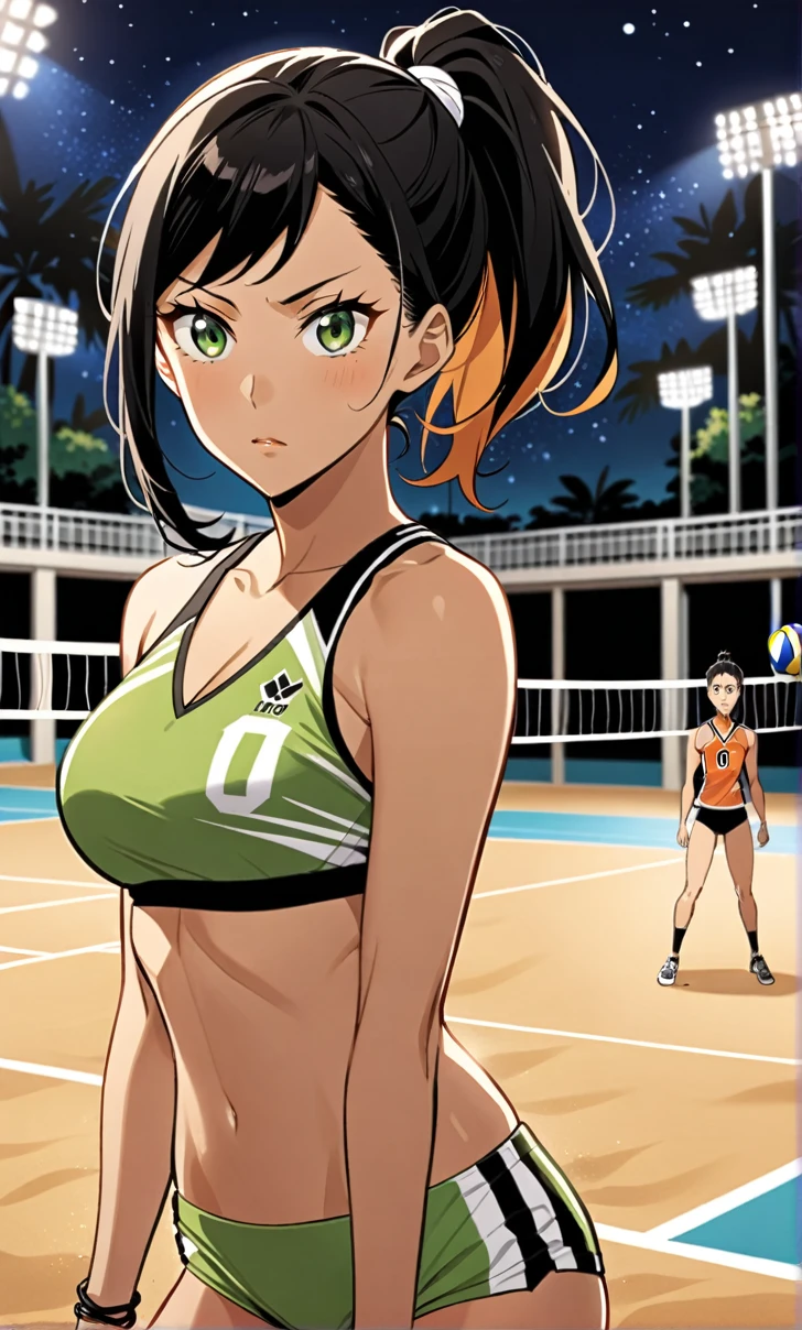 Woman, Athletic and toned body, light skin tone, long black hair tied in a ponytail, green eyes with a penetrating and seductive look, breasts big, exciting look, white bear pajamas, short shorts and a top showing off a defined tummy, she is on a volleyball court, angry pose