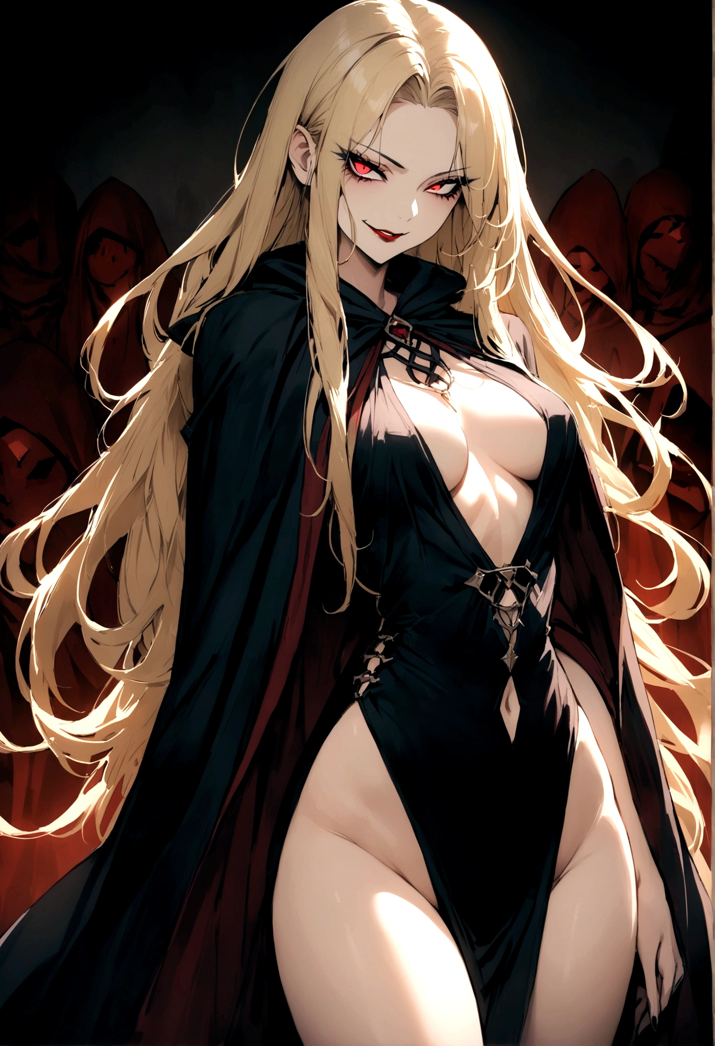 woman, cultist, long blond hair, perfect body, evil smile, cultist cloak, seductive,cowboy shot, cultist clothes,