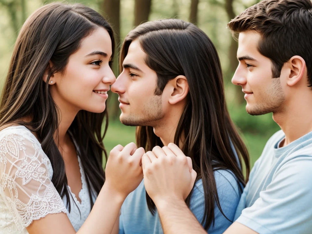 A young couple, smitten, looking into each other&#39;s eyes in an intimate moment. Their faces are close, with serene expressions and faint smiles. Natural light illuminates the scene, creating a cozy and romantic atmosphere.