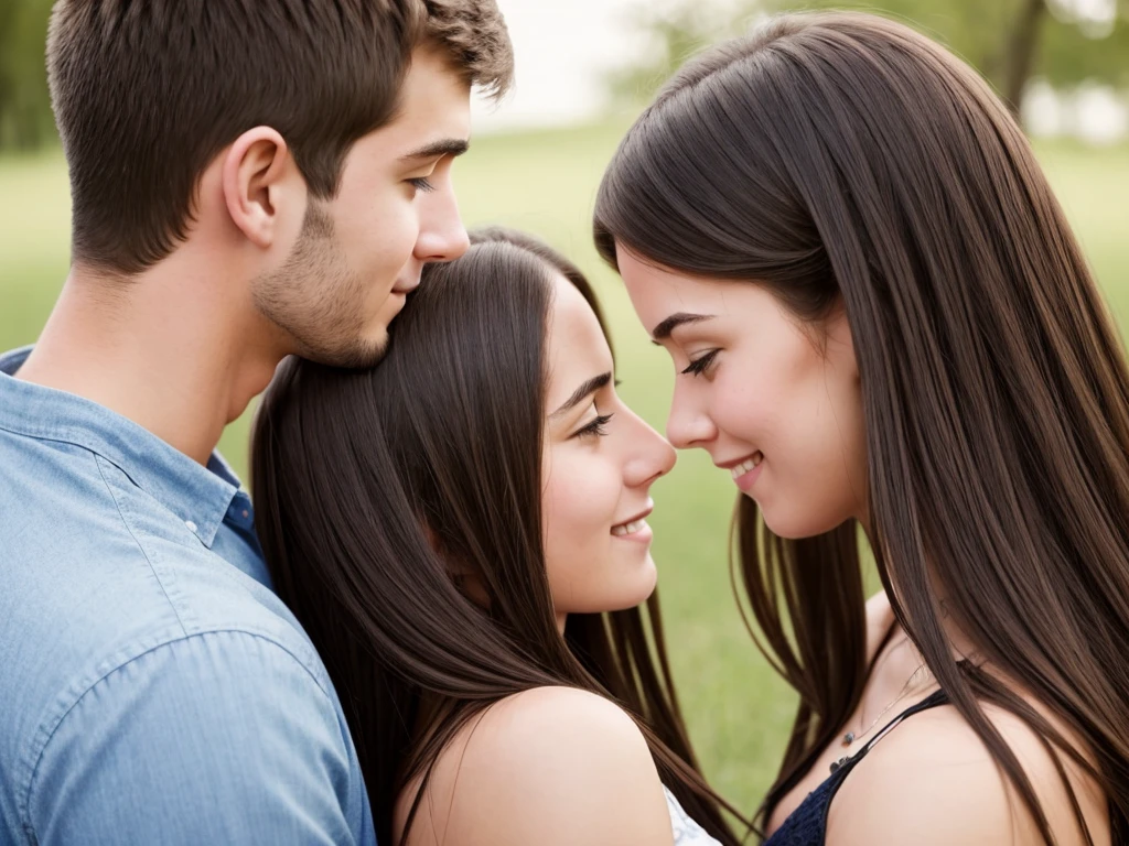 A young couple, smitten, looking into each other&#39;s eyes in an intimate moment. Their faces are close, with serene expressions and faint smiles. Natural light illuminates the scene, creating a cozy and romantic atmosphere.