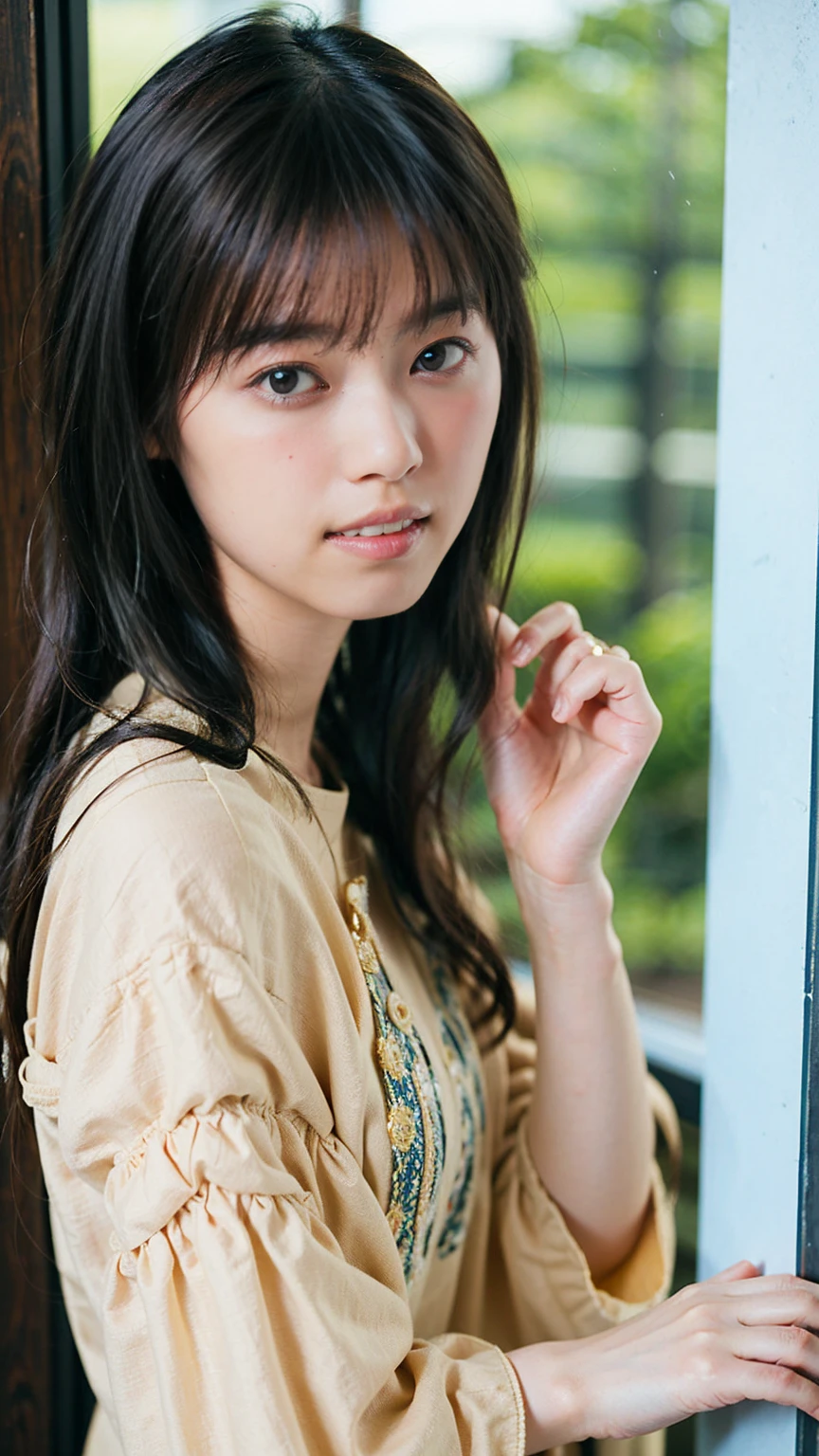 Portrait of a Japanese high school girl from the chest up。Her straight black hair is shoulder length、Bangs reach the eyebrows。Each and every hair is drawn in detail、Has a natural shine、It appears shiny where light hits it。
Facial detailsにこだわった描写。Her skin is healthy and、Even the pores and fine hairs are delicately expressed.。The cheeks have a natural pale pink color.、Fine freckles are visible。Her forehead has tiny wrinkles、I can see the facial wrinkles that appear when I smile。
The big brown eyes、The iris pattern is depicted in detail.、The pupil is clearly visible in the center。The light from the window is reflected in her eyes、The reflection of the light gives the eyes a little sparkle.。Thin blood vessels are visible in the whites of the eyes around the pupils.、It's becoming more realistic。Her eyelashes are long、Each piece is carefully drawn。Eyebrows in a natural shape、The flow of hair is clearly visible。The small unevenness of the skin between the eyebrows、Even the fine wrinkles around the eyes are depicted in detail.。
A small, high nose、I see a slight reflection of light on my nose、The shape of the nostrils is also drawn naturally.。鼻の周りのSkin Textureがリアルに表現されている。High cheekbones accentuate the contours of the face、The smooth curves of the cheeks are drawn.。
The mouth of a bright smile、I can see my pure white teeth。Lips are naturally pink、The texture and shine of the lips are realistically expressed.。There is a subtle shadow around the edge of the lips.、It has a three-dimensional effect。The surface of the teeth reflects subtle light.、The gums are a natural, healthy pink color.。
The smooth jaw and face line are beautifully shaped.、There is a slight shadow under the chin、The boundary with the neck is drawn naturally.。The fine muscle lines are visible on the neck.、Gives a healthy impression。
She is wearing a white blouse and a navy blue sailor uniform.、The uniform has a neatly tied red ribbon on the collar.。The texture and wrinkles of the clothing's fibers are also depicted in detail.。The background is a simple light color gradient.、It highlights her face and her clothes.。The natural light casts soft shadows on her face and clothing.、The light gives warmth to the skin。Facial details、Reflection in the eyes、Hair luster、Skin Texture、To the gloss of the lips、Everything is detailed down to the last detail.。