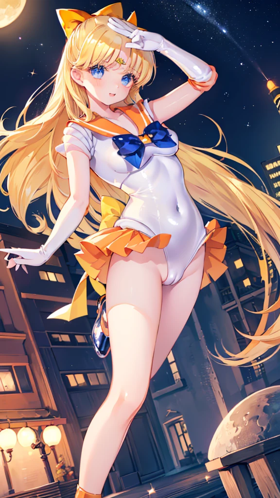 1boy and 1girl, Angle from the front,  Angle from below:1.8, (Moonlit night)、(On the roof of a building)、thighs、(shiny White skin:1.6)、blue eyes, ((Slim figure)), (12 years old girl), (evil grin), (Shiny blonde hair)、Long hair, (forehead), Blue ribbon on chest, Big red ribbon, ((Sailor Venus))、Sailor suit、Orange pleated mini skirt、touching penis, ((kicking)), 1penis, under hair, scrotum、((eject cum)), (One leg raised)、((Amazon Position)), (The boy has his legs open)、