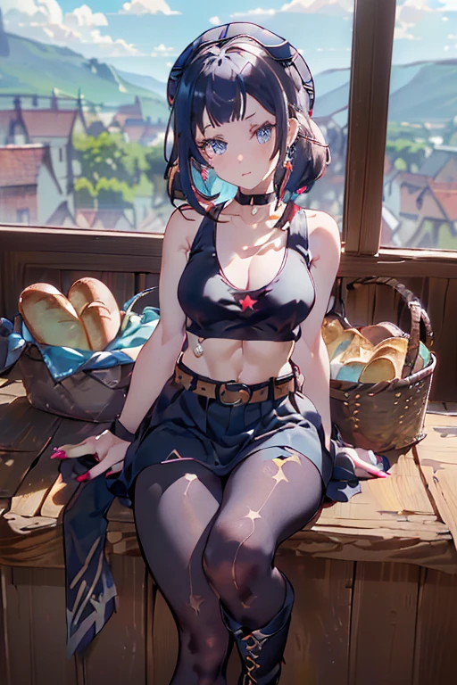 (perky chest:1.2), (pointed chest:1.2),(((Black Tunic:1.3))),(((cakes and bread in the basket),Cute and beautiful girl,masterpiece、highest quality、Very detailed、Beautiful fine details、One Girl、Detailed landscape、Training gym Room Background:1.4、Braided Ponytail、Red camisole、((B cup breasts, Tank top showing underboob:1.3)), black jacket, thigh strap, bangs, necktie, earrings, nail polish, fishnet pantyhose, multicolored hair, looking at viewer, full body, bottle, own hands together, belt, food, animal on head, black necktie, ring, choker, english text paper:1.2, collared shirt, blue eyes, platform boots, hat,lace-up boots ,