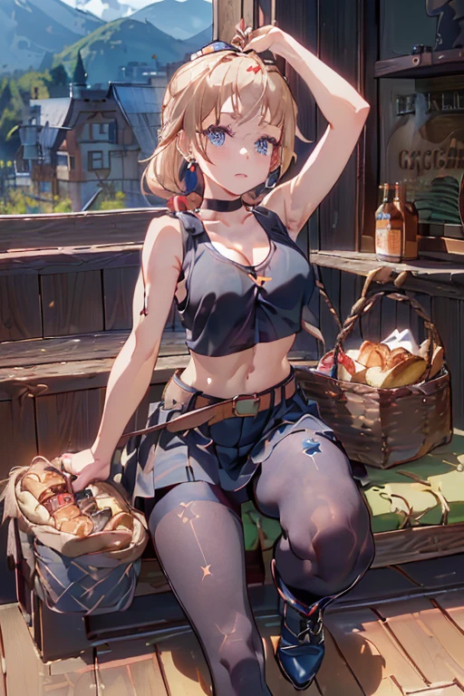 (perky chest:1.2), (pointed chest:1.2),(((Black Tunic:1.3))),(((cakes and bread in the basket),Cute and beautiful girl,masterpiece、highest quality、Very detailed、Beautiful fine details、One Girl、Detailed landscape、Training gym Room Background:1.4、Braided Ponytail、Red camisole、((B cup breasts, Tank top showing underboob:1.3)), black jacket, thigh strap, bangs, necktie, earrings, nail polish, fishnet pantyhose, multicolored hair, looking at viewer, full body, bottle, own hands together, belt, food, animal on head, black necktie, ring, choker, english text paper:1.2, collared shirt, blue eyes, platform boots, hat,lace-up boots ,