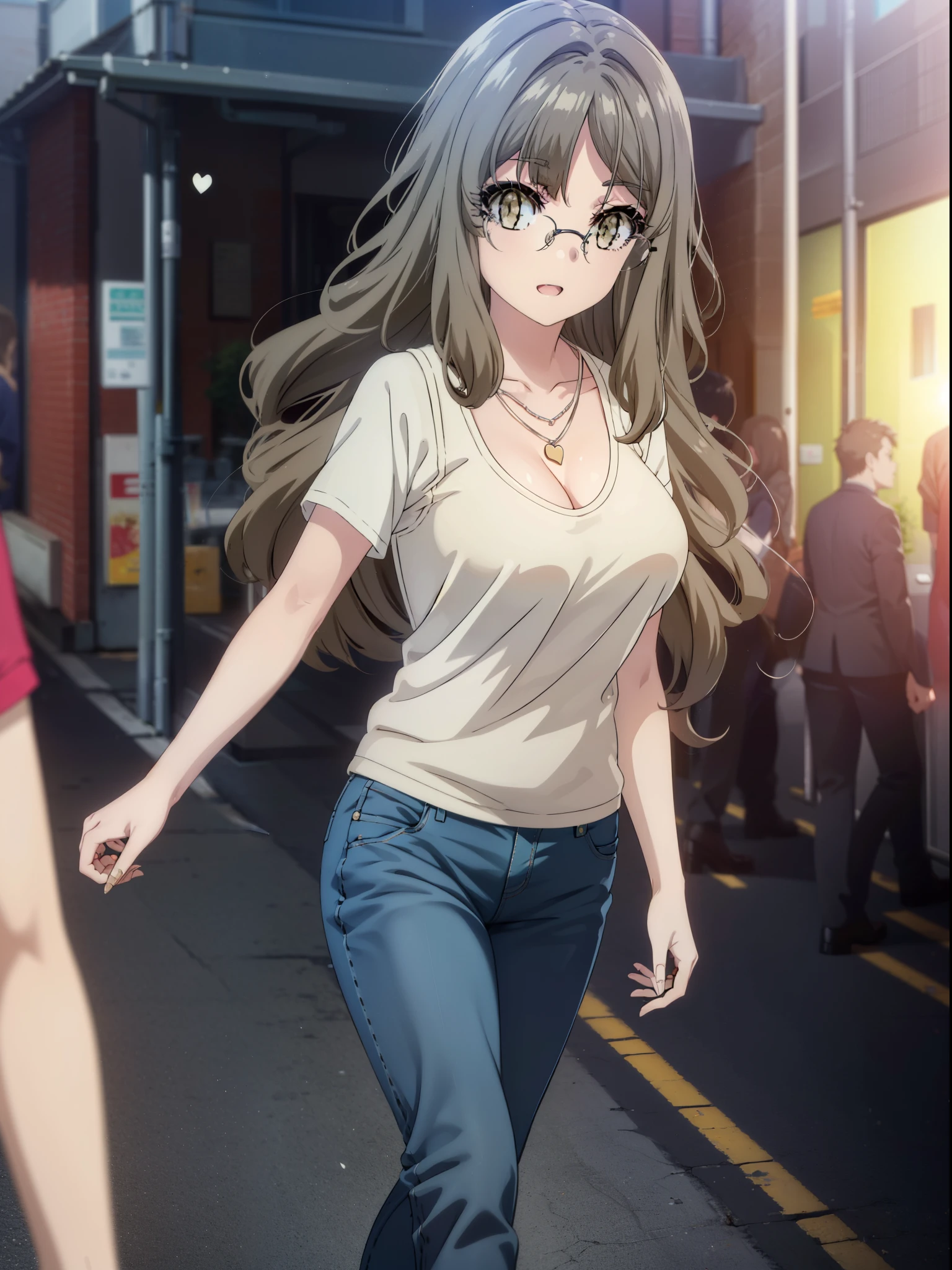 Riofutaba, Rio Futaba, Long Hair, Brown Hair, (Brown eyes:1.5), Glasses,Big Breasts,smile,Open your mouth,Red Tank Top,Heart Necklace,Short sleeve,skinny pants,Stiletto heels,Business Back,Walking,morning,morning陽,The sun is rising,whole bodyがイラストに入るように,
break outdoors, Building district,
break looking at viewer, whole body,
break (masterpiece:1.2), Highest quality, High resolution, unity 8k wallpaper, (figure:0.8), (Beautiful attention to detail:1.6), Highly detailed face, Perfect lighting, Highly detailed CG, (Perfect hands, Perfect Anatomy),