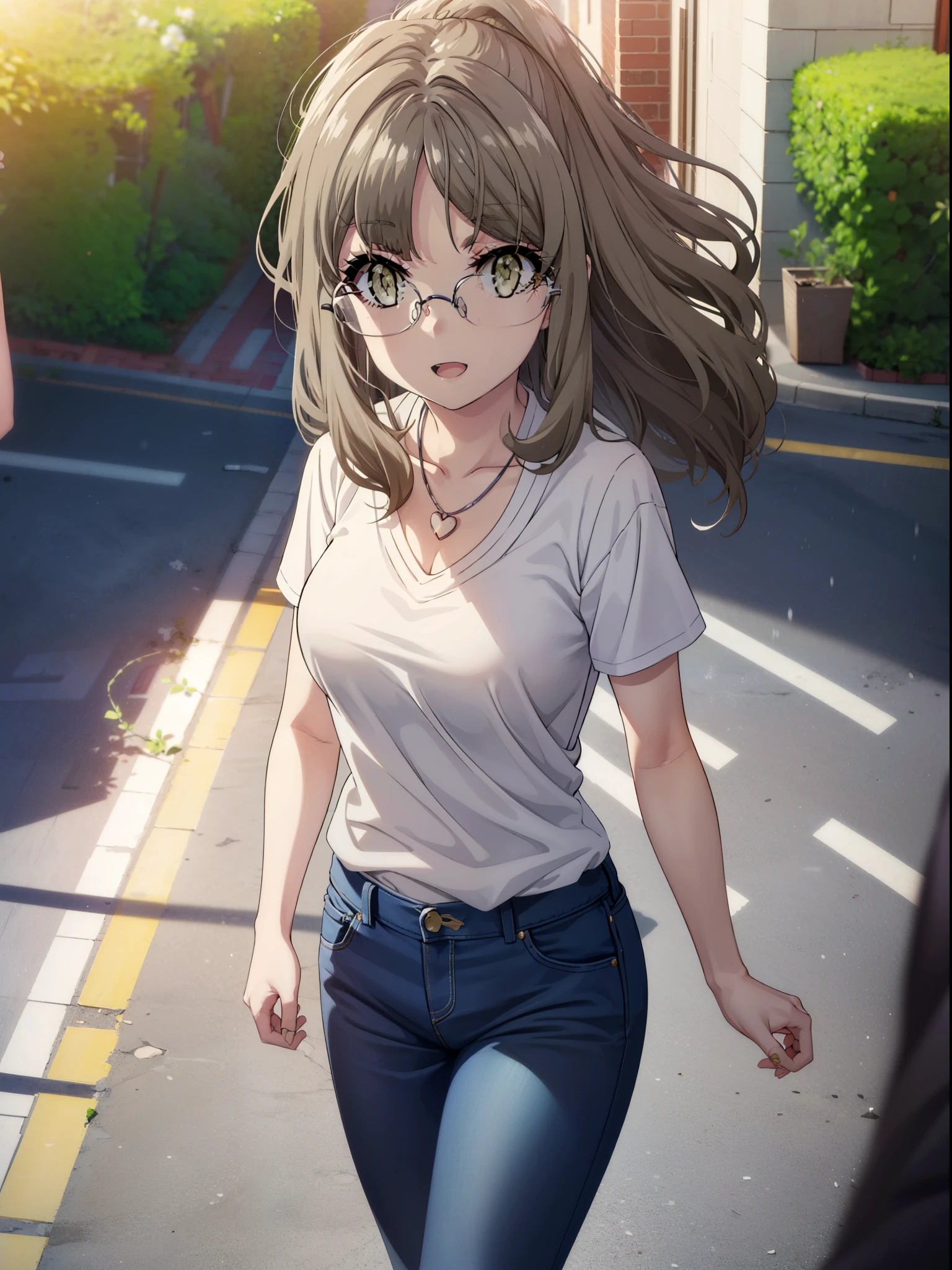 Riofutaba, Rio Futaba, Long Hair, Brown Hair, (Brown eyes:1.5), Glasses,Big Breasts,smile,Open your mouth,Red Tank Top,Heart Necklace,Short sleeve,skinny pants,Stiletto heels,Business Back,Walking,morning,morning陽,The sun is rising,whole bodyがイラストに入るように,
break outdoors, Building district,
break looking at viewer, whole body,
break (masterpiece:1.2), Highest quality, High resolution, unity 8k wallpaper, (figure:0.8), (Beautiful attention to detail:1.6), Highly detailed face, Perfect lighting, Highly detailed CG, (Perfect hands, Perfect Anatomy),