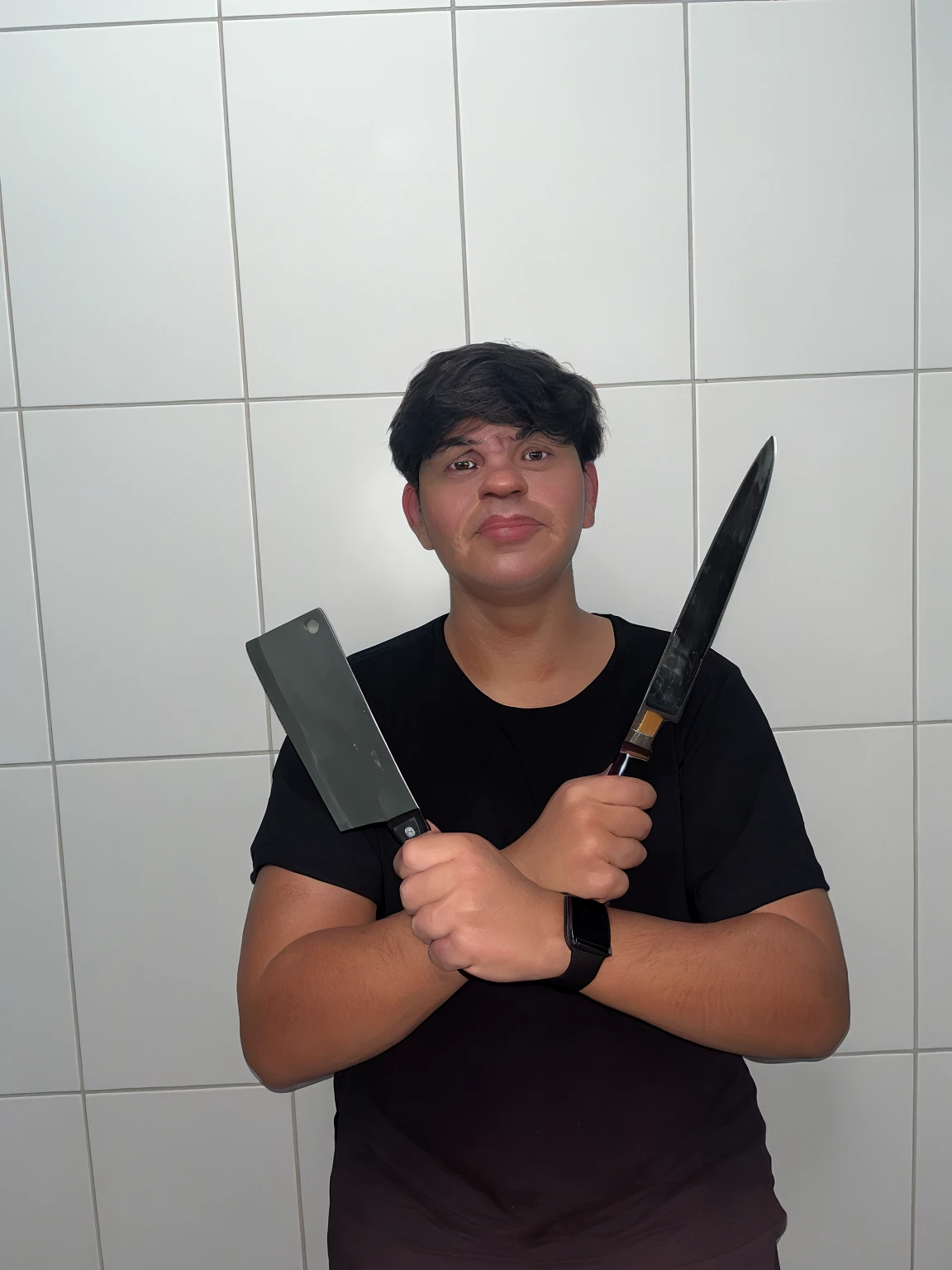 Improve quality, put on a chef's apron, make your face similar and your posture too, Don't forget the knives, add a background with plants in the window and kitchen \