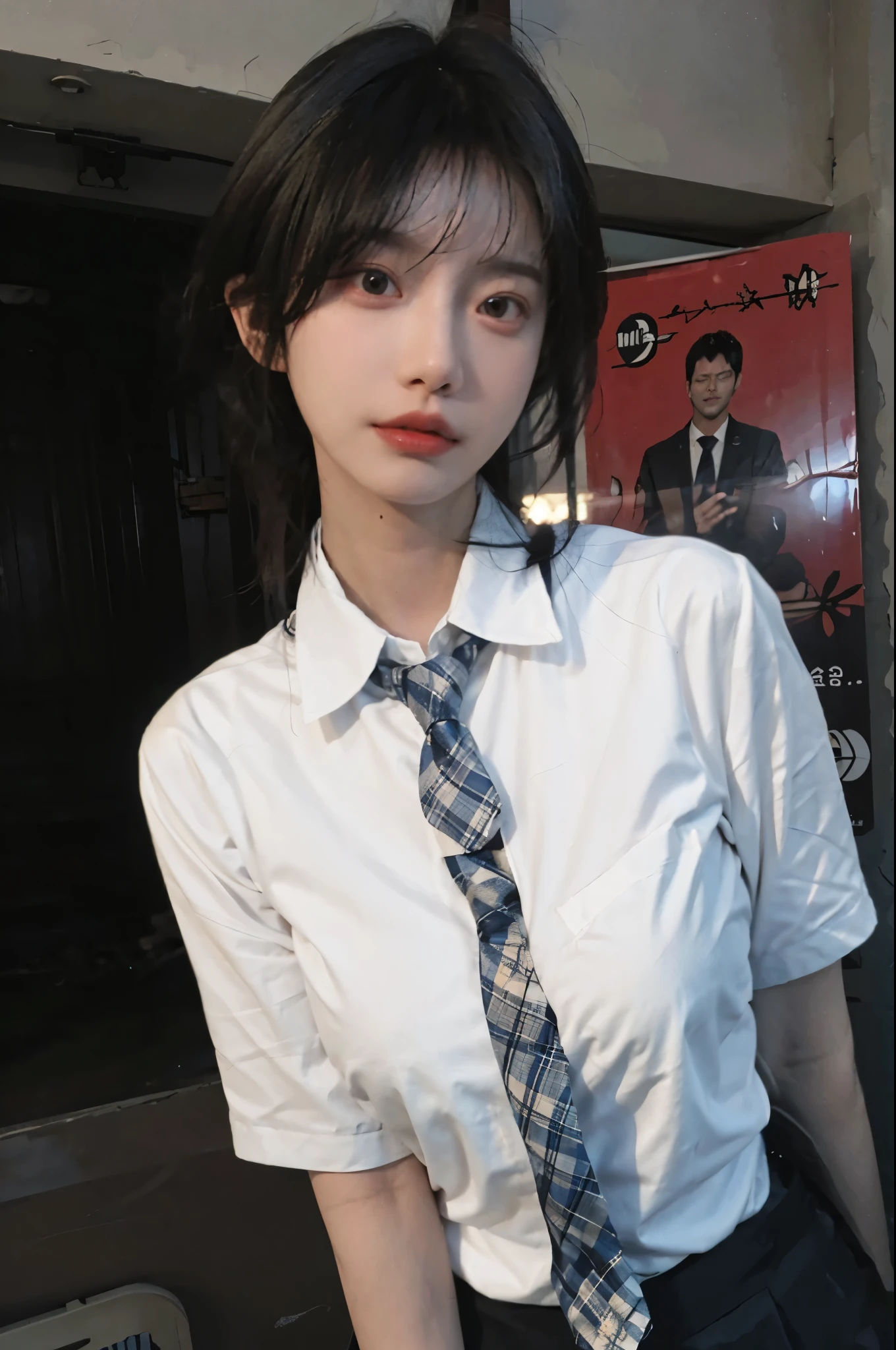 Best quality,masterpiece,ultra high res,(photorealistic:1.4),1girl,sexy,(shirt and tie:1.2),(large breast:1.3),(upper body:1.4)