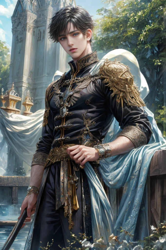 (absurdres, highres, ultra detailed, HDR), masterpiece, Intricate details,best quality picture of a character from Valkyrie Elysium, handsome boy with short Hair anime eyes, intricate details on face, in a detailed outside paradise sanctuary scenery, detailed character, art kenouji