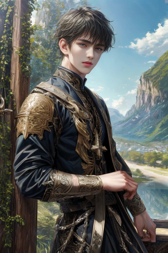 (absurdres, highres, ultra detailed, HDR), masterpiece, Intricate details,best quality picture of a character from Valkyrie Elysium, handsome teen boy with short Hair anime eyes, intricate details on face, in a detailed outside paradise sanctuary scenery, detailed character, art kenouji