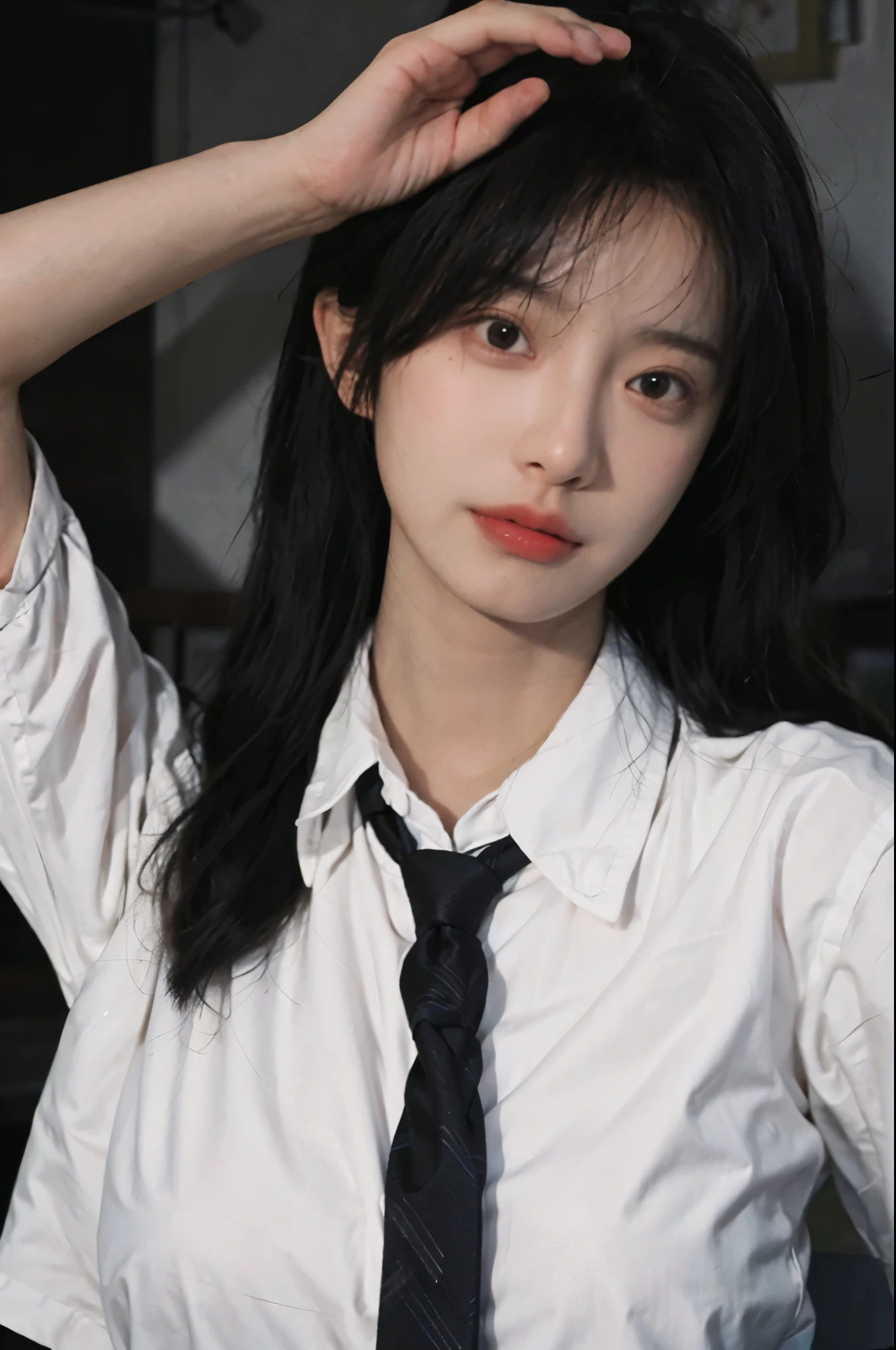 Best quality,masterpiece,ultra high res,(photorealistic:1.4),1girl,sexy,(shirt and tie:1.2),(large breast:1.3),(upper body:1.4)