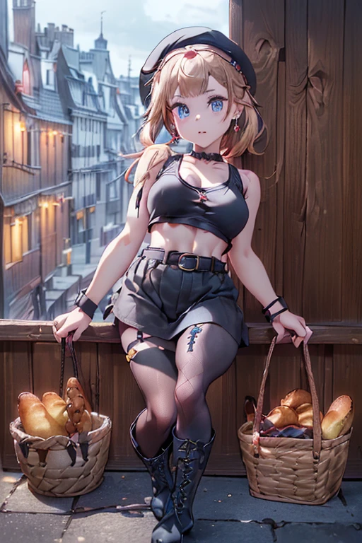 (perky chest:1.2), (pointed chest:1.2),(((Black Tunic:1.3))),(((cakes and bread in the basket),Cute and beautiful girl,masterpiece、highest quality、Very detailed、Beautiful fine details、One Girl、Detailed landscape、Training gym Room Background:1.4、Braided Ponytail、Red camisole、((B cup breasts, Tank top showing underboob:1.3)), black jacket, thigh strap, bangs, necktie, earrings, nail polish, fishnet pantyhose, multicolored hair, looking at viewer, full body, bottle, own hands together, belt, food, animal on head, black necktie, ring, choker, english text paper:1.2, collared shirt, blue eyes, platform boots, hat,lace-up boots ,