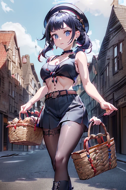 (perky chest:1.2), (pointed chest:1.2),(((Black Tunic:1.3))),(((cakes and bread in the basket),Cute and beautiful girl,masterpiece、highest quality、Very detailed、Beautiful fine details、One Girl、Detailed landscape、Training gym Room Background:1.4、Braided Ponytail、Red camisole、((B cup breasts, Tank top showing underboob:1.3)), black jacket, thigh strap, bangs, necktie, earrings, nail polish, fishnet pantyhose, multicolored hair, looking at viewer, full body, bottle, own hands together, belt, food, animal on head, black necktie, ring, choker, english text paper:1.2, collared shirt, blue eyes, platform boots, hat,lace-up boots ,